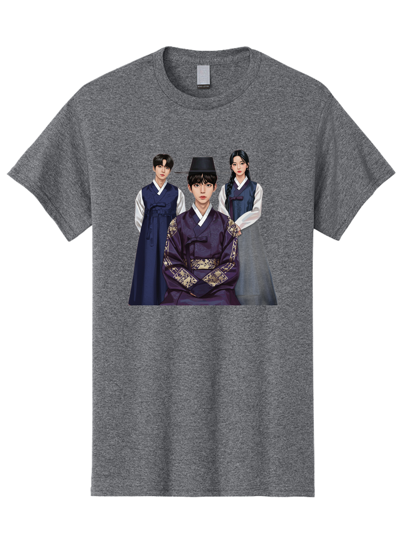 Hanbok-Trio Men'S Graphic Tee, 100% Cotton, Comfortable Casual Summer Wear, Machine Washable, Traditional Korean Clothing, Hanbok Fashion, Cultural Heritage, Korean Attire, Elegant Robes, Historical Dress, Ornate Patterns, Gold Accents, Bac019