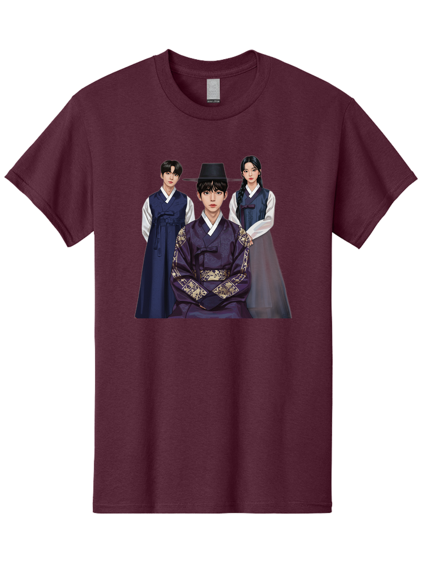 Hanbok-Trio Men'S Graphic Tee, 100% Cotton, Comfortable Casual Summer Wear, Machine Washable, Traditional Korean Clothing, Hanbok Fashion, Cultural Heritage, Korean Attire, Elegant Robes, Historical Dress, Ornate Patterns, Gold Accents, Bac019