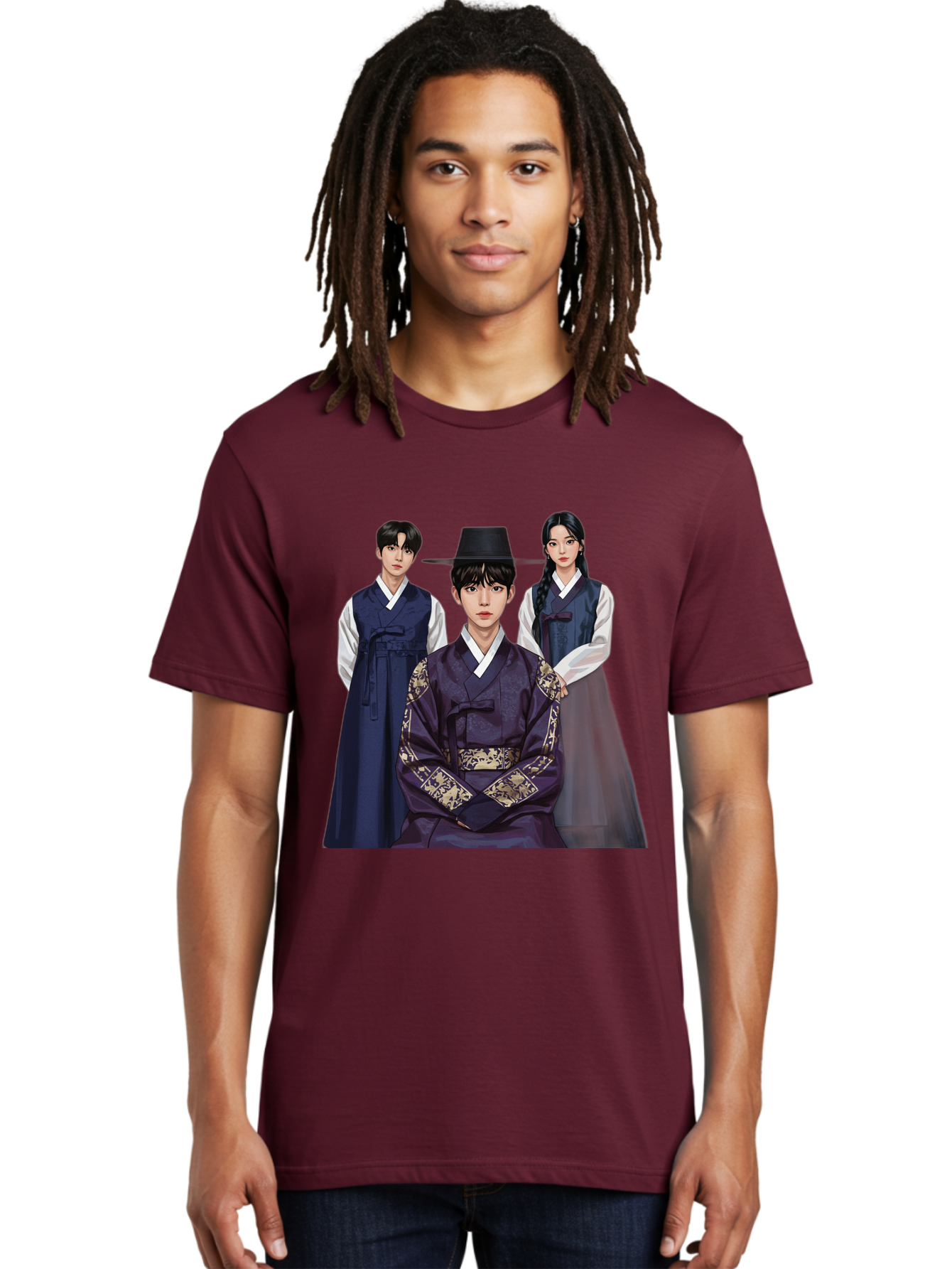 Hanbok-Trio Men'S Graphic Tee, 100% Cotton, Comfortable Casual Summer Wear, Machine Washable, Traditional Korean Clothing, Hanbok Fashion, Cultural Heritage, Korean Attire, Elegant Robes, Historical Dress, Ornate Patterns, Gold Accents, Bac019