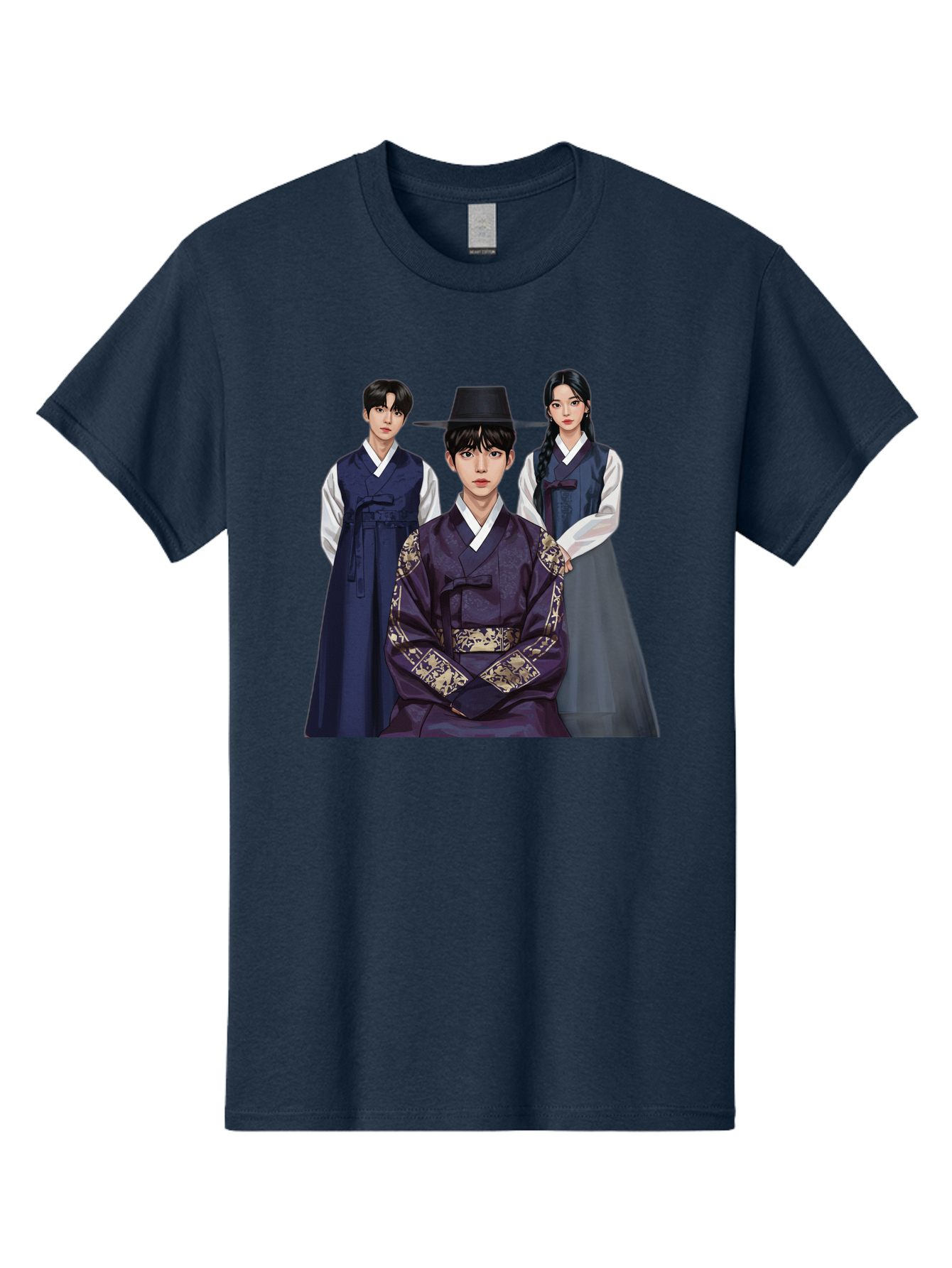 Hanbok-Trio Men'S Graphic Tee, 100% Cotton, Comfortable Casual Summer Wear, Machine Washable, Traditional Korean Clothing, Hanbok Fashion, Cultural Heritage, Korean Attire, Elegant Robes, Historical Dress, Ornate Patterns, Gold Accents, Bac019