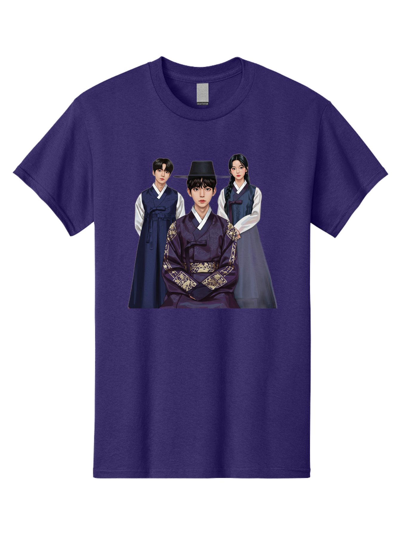 Hanbok-Trio Men'S Graphic Tee, 100% Cotton, Comfortable Casual Summer Wear, Machine Washable, Traditional Korean Clothing, Hanbok Fashion, Cultural Heritage, Korean Attire, Elegant Robes, Historical Dress, Ornate Patterns, Gold Accents, Bac019