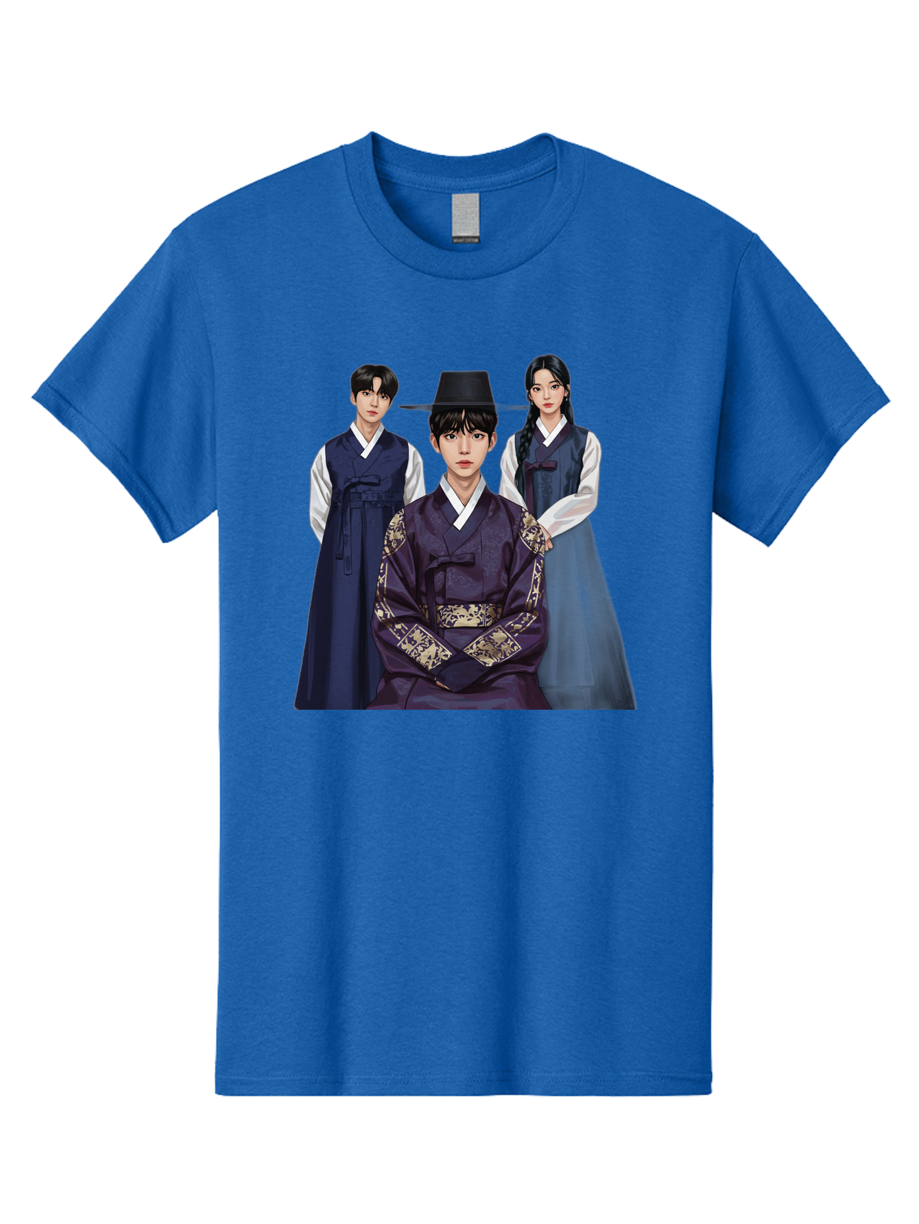 Hanbok-Trio Men'S Graphic Tee, 100% Cotton, Comfortable Casual Summer Wear, Machine Washable, Traditional Korean Clothing, Hanbok Fashion, Cultural Heritage, Korean Attire, Elegant Robes, Historical Dress, Ornate Patterns, Gold Accents, Bac019