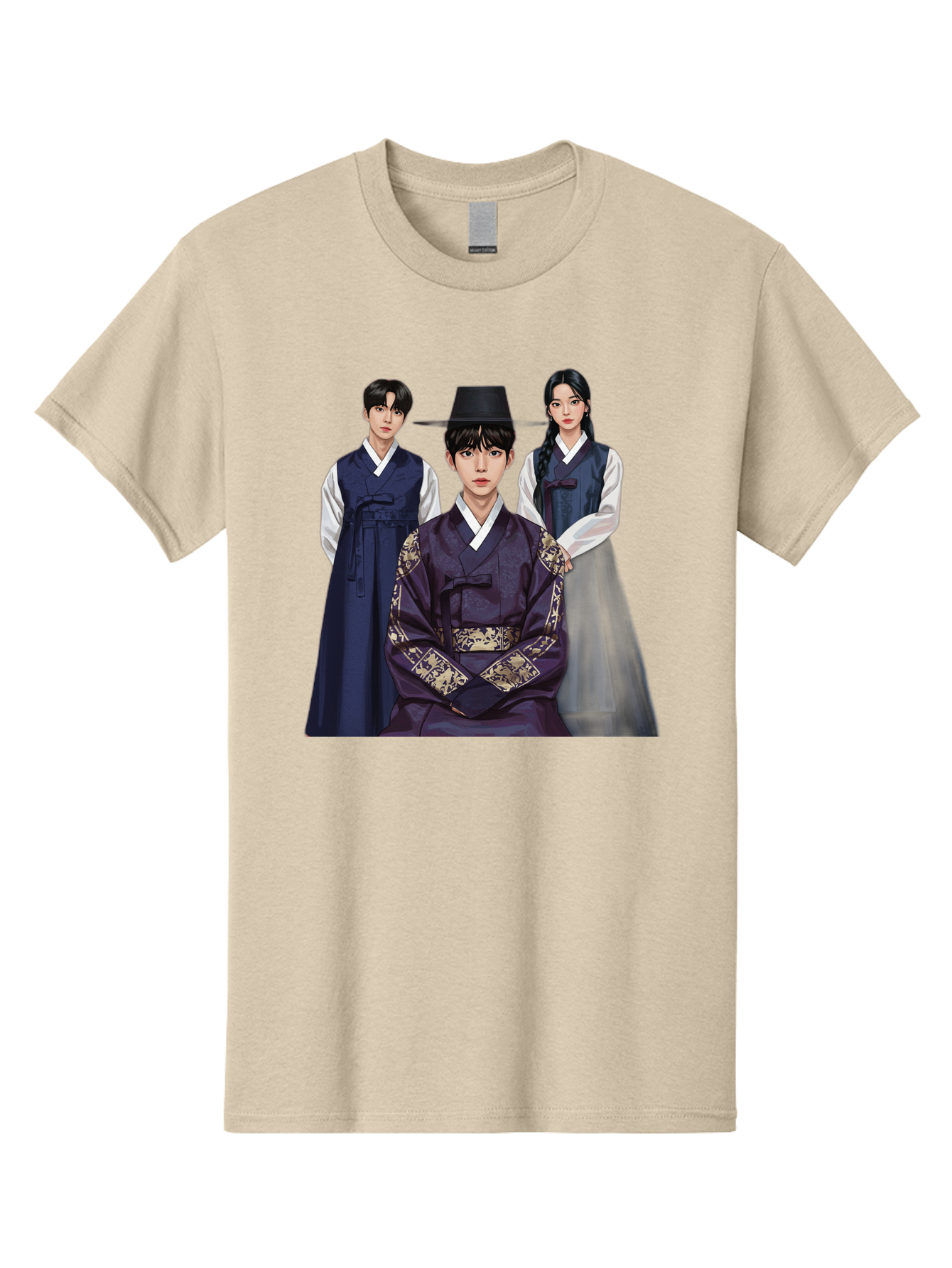 Hanbok-Trio Men'S Graphic Tee, 100% Cotton, Comfortable Casual Summer Wear, Machine Washable, Traditional Korean Clothing, Hanbok Fashion, Cultural Heritage, Korean Attire, Elegant Robes, Historical Dress, Ornate Patterns, Gold Accents, Bac019