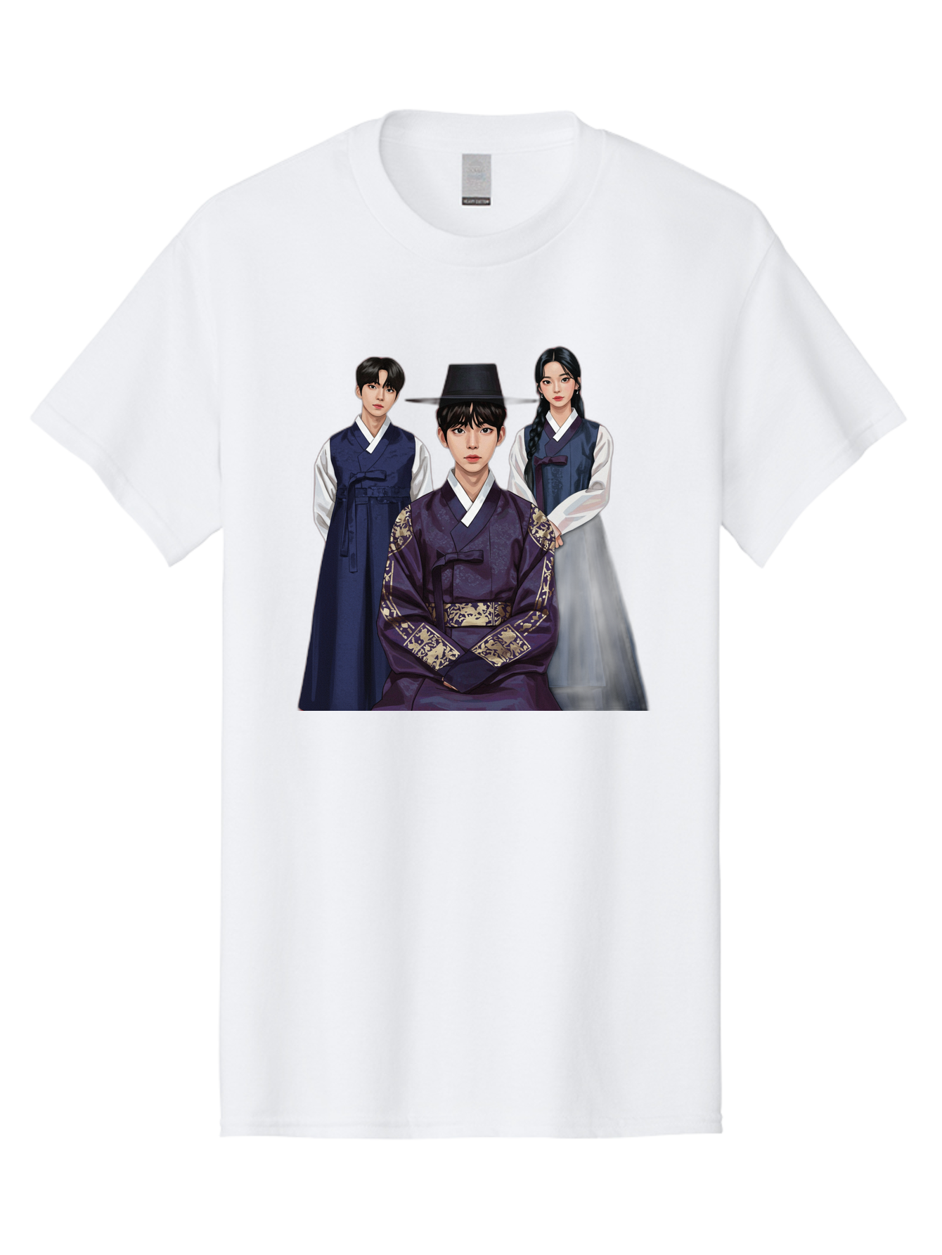 Hanbok-Trio Men'S Graphic Tee, 100% Cotton, Comfortable Casual Summer Wear, Machine Washable, Traditional Korean Clothing, Hanbok Fashion, Cultural Heritage, Korean Attire, Elegant Robes, Historical Dress, Ornate Patterns, Gold Accents, Bac019