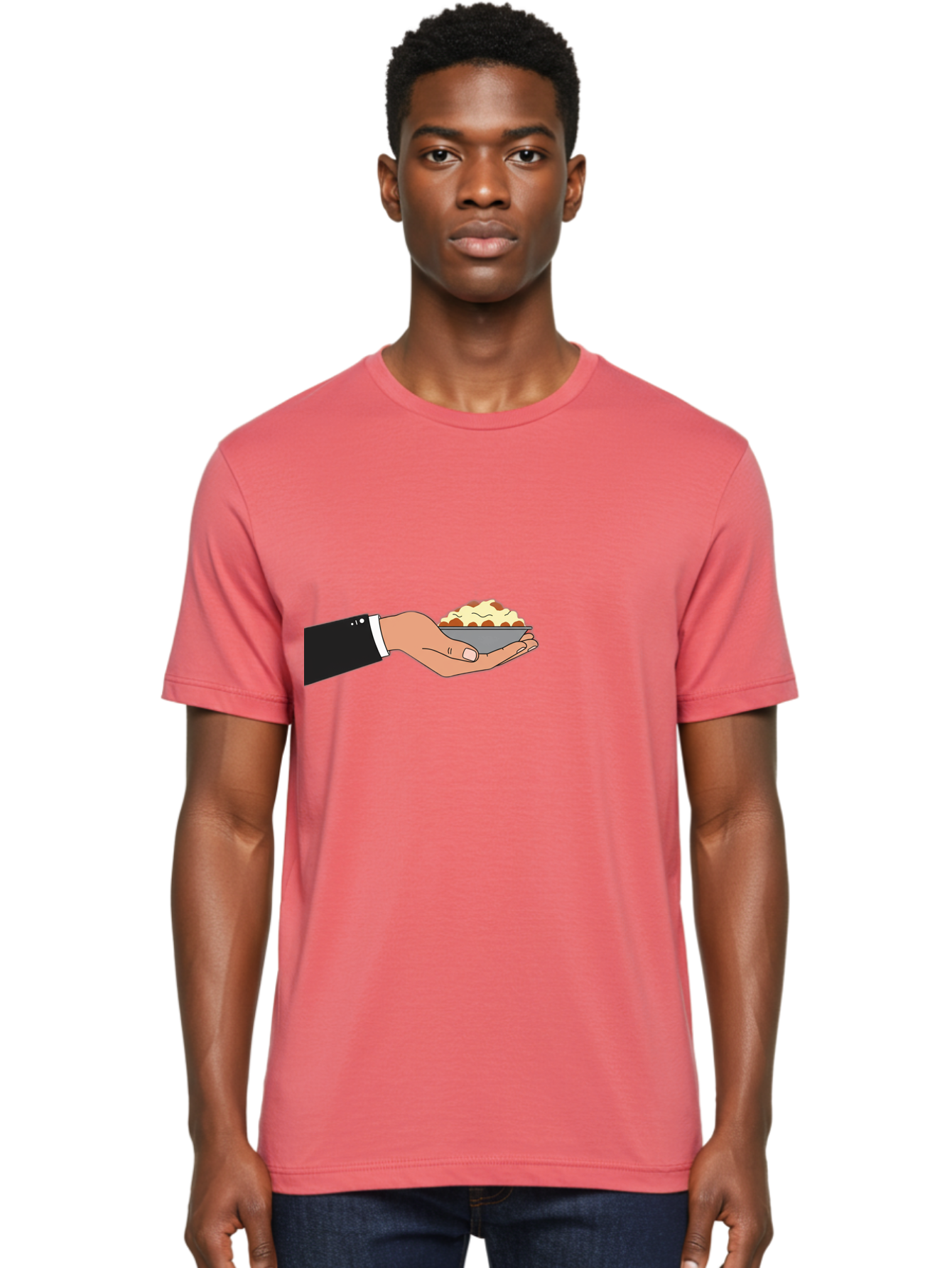 Hand-Holding-Bowl Men'S Graphic Tee, 100% Cotton, Comfortable Casual Summer Wear, Machine Washable, Hand Holding Bowl, Cartoon Style, Food Presentation, Serving Dish, Culinary Illustration, Serving Staff, Dinner Service, Food Art, Bac020