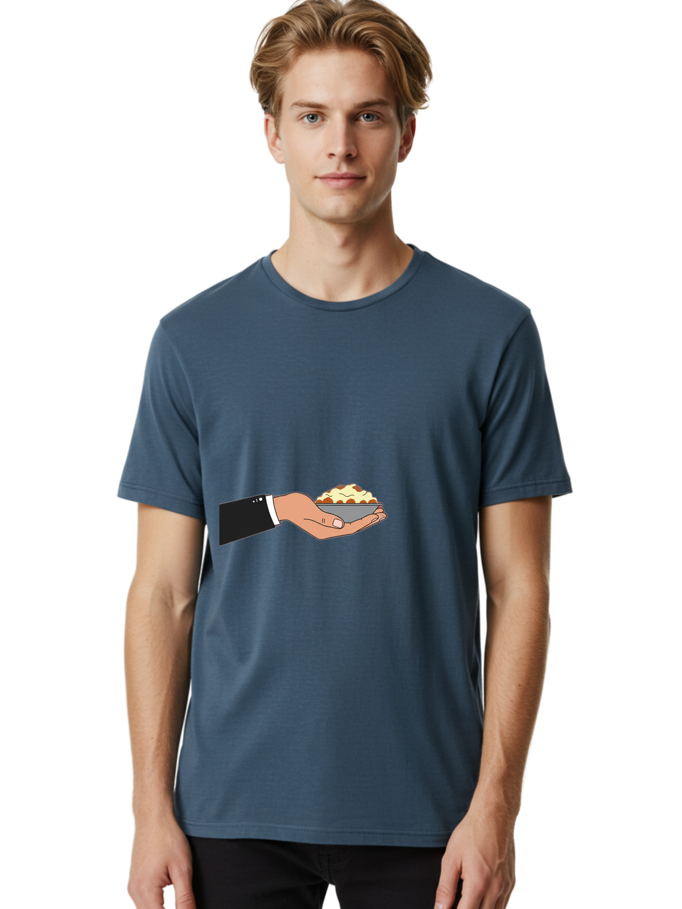 Hand-Holding-Bowl Men'S Graphic Tee, 100% Cotton, Comfortable Casual Summer Wear, Machine Washable, Hand Holding Bowl, Cartoon Style, Food Presentation, Serving Dish, Culinary Illustration, Serving Staff, Dinner Service, Food Art, Bac020