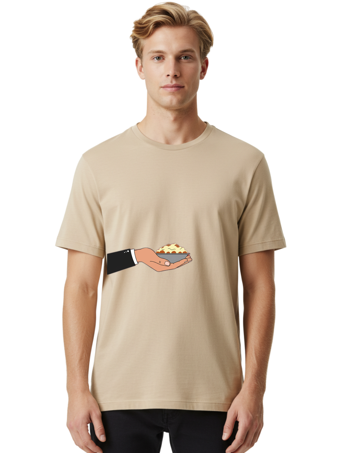 Hand-Holding-Bowl Men'S Graphic Tee, 100% Cotton, Comfortable Casual Summer Wear, Machine Washable, Hand Holding Bowl, Cartoon Style, Food Presentation, Serving Dish, Culinary Illustration, Serving Staff, Dinner Service, Food Art, Bac020