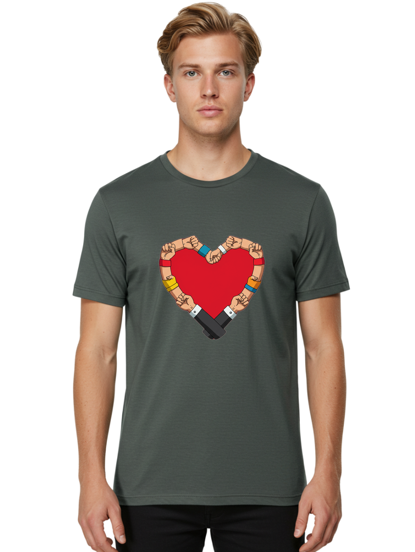 Hands-Forming-Heart-1 Men'S Graphic Tee, 100% Cotton, Comfortable Casual Summer Wear, Machine Washable, Hands Holding Heart, Unity, Solidarity, Social Justice, Human Rights, Love, Community, Togetherness, Diversity, Activism, Empowerment Bac022