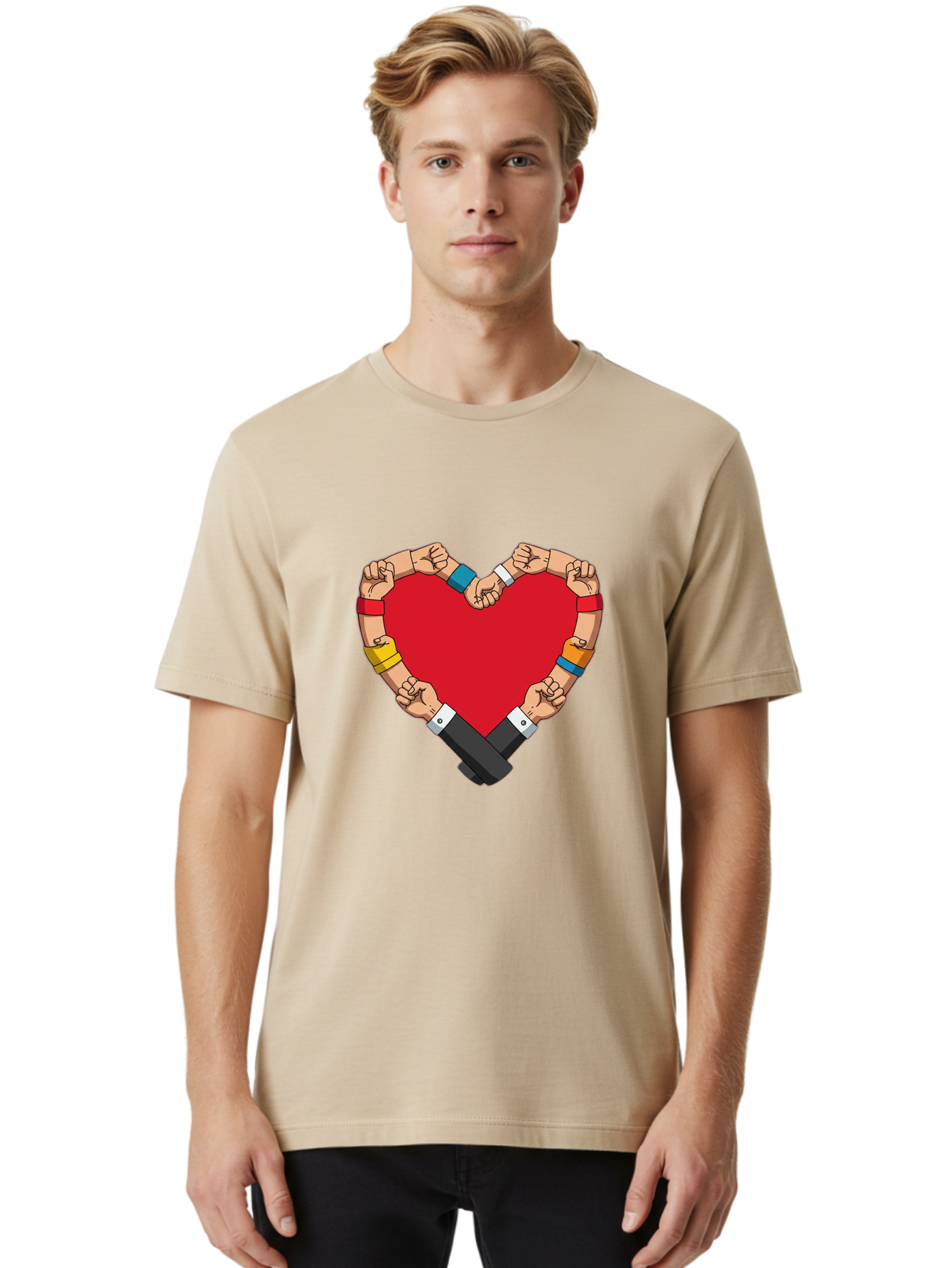 Hands-Forming-Heart-1 Men'S Graphic Tee, 100% Cotton, Comfortable Casual Summer Wear, Machine Washable, Hands Holding Heart, Unity, Solidarity, Social Justice, Human Rights, Love, Community, Togetherness, Diversity, Activism, Empowerment Bac022