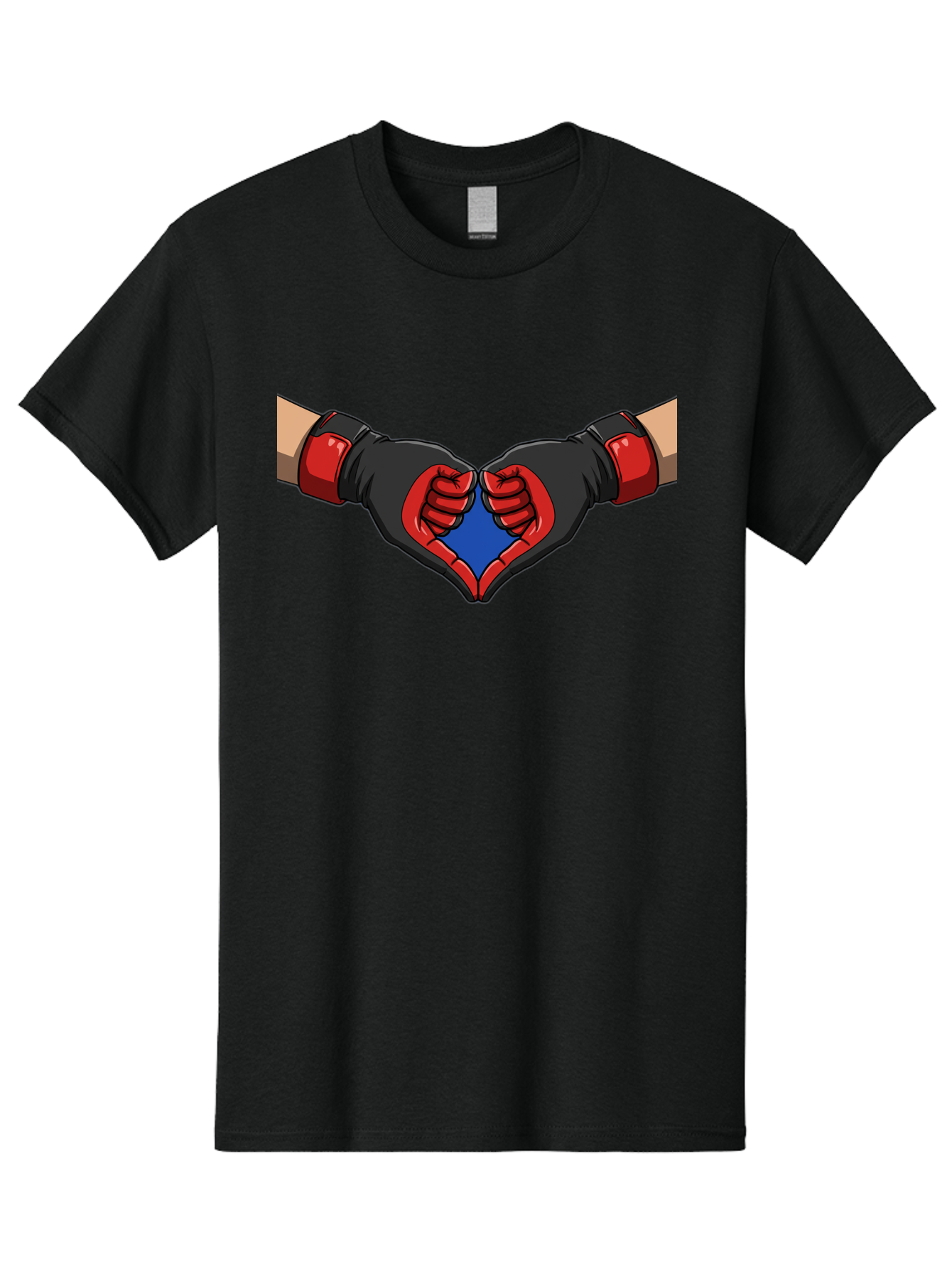 Hands-Forming-Heart-2 Men'S Graphic Tee, 100% Cotton, Comfortable Casual Summer Wear, Machine Washable, Hands Forming A Heart Shape, Black And Red Boxing Gloves, Blue Heart Center, Cartoon Illustration, Hand Gesture, Symbolic Heart Shape, Bac023
