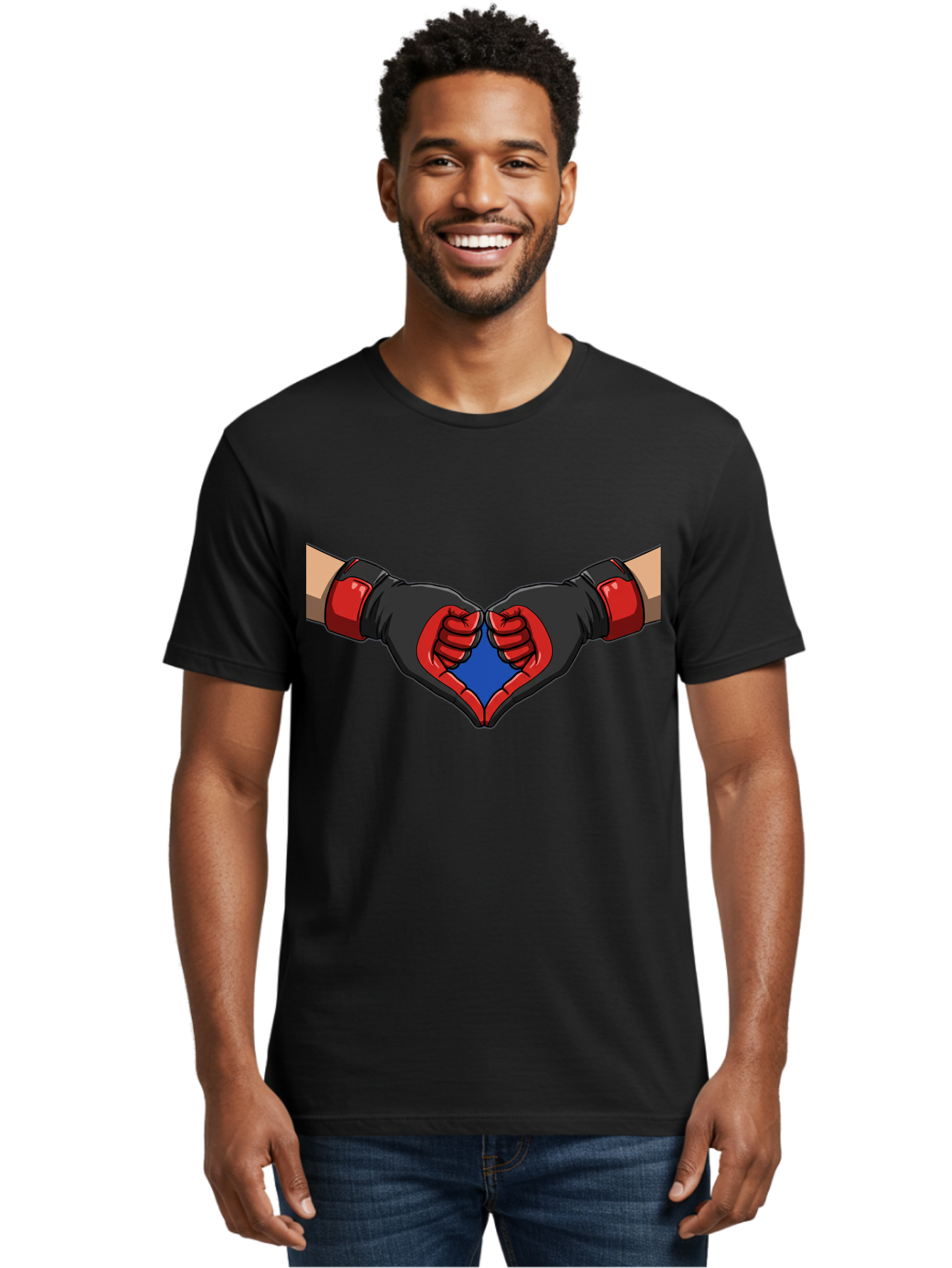 Hands-Forming-Heart-2 Men'S Graphic Tee, 100% Cotton, Comfortable Casual Summer Wear, Machine Washable, Hands Forming A Heart Shape, Black And Red Boxing Gloves, Blue Heart Center, Cartoon Illustration, Hand Gesture, Symbolic Heart Shape, Bac023