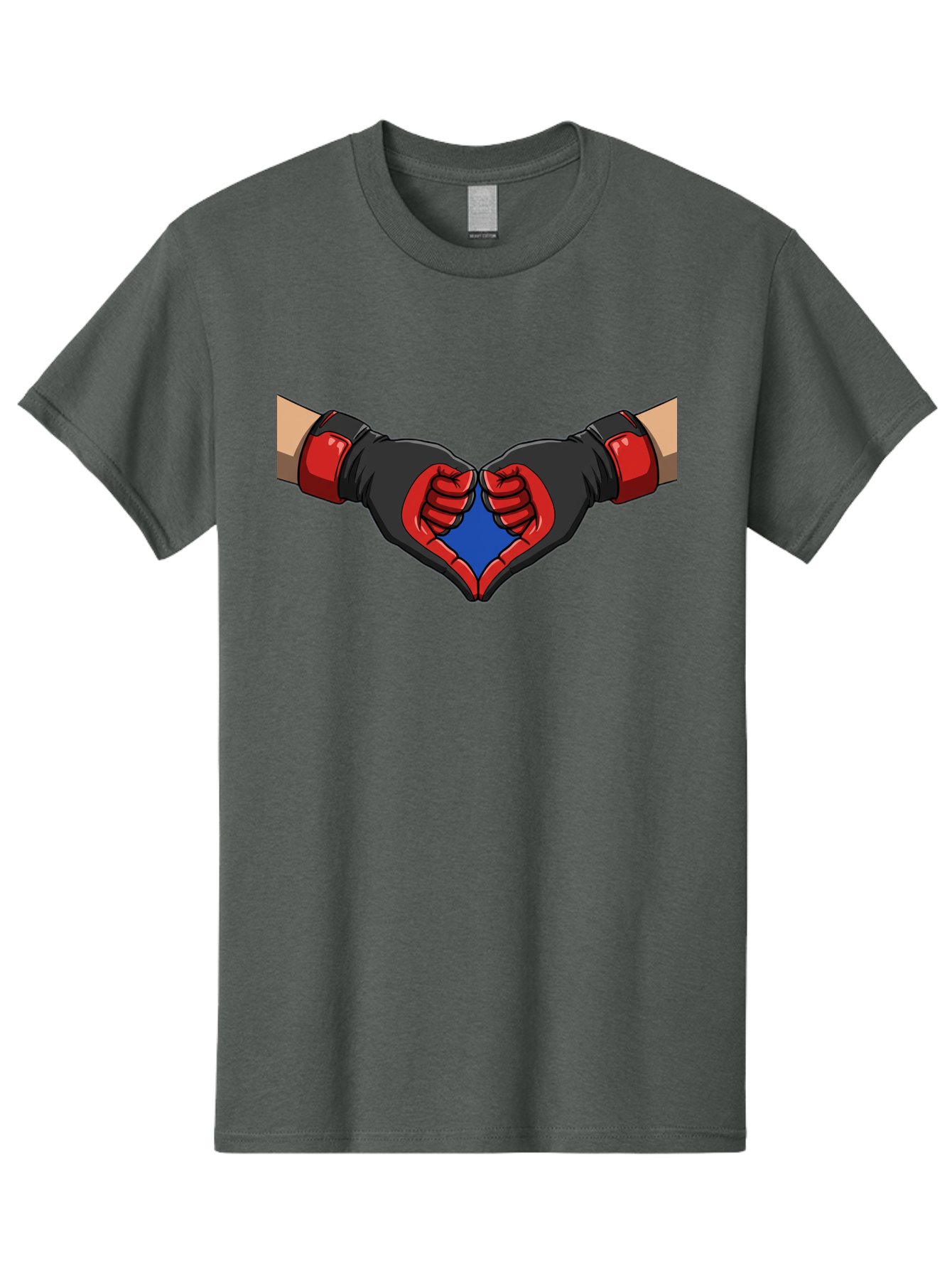 Hands-Forming-Heart-2 Men'S Graphic Tee, 100% Cotton, Comfortable Casual Summer Wear, Machine Washable, Hands Forming A Heart Shape, Black And Red Boxing Gloves, Blue Heart Center, Cartoon Illustration, Hand Gesture, Symbolic Heart Shape, Bac023