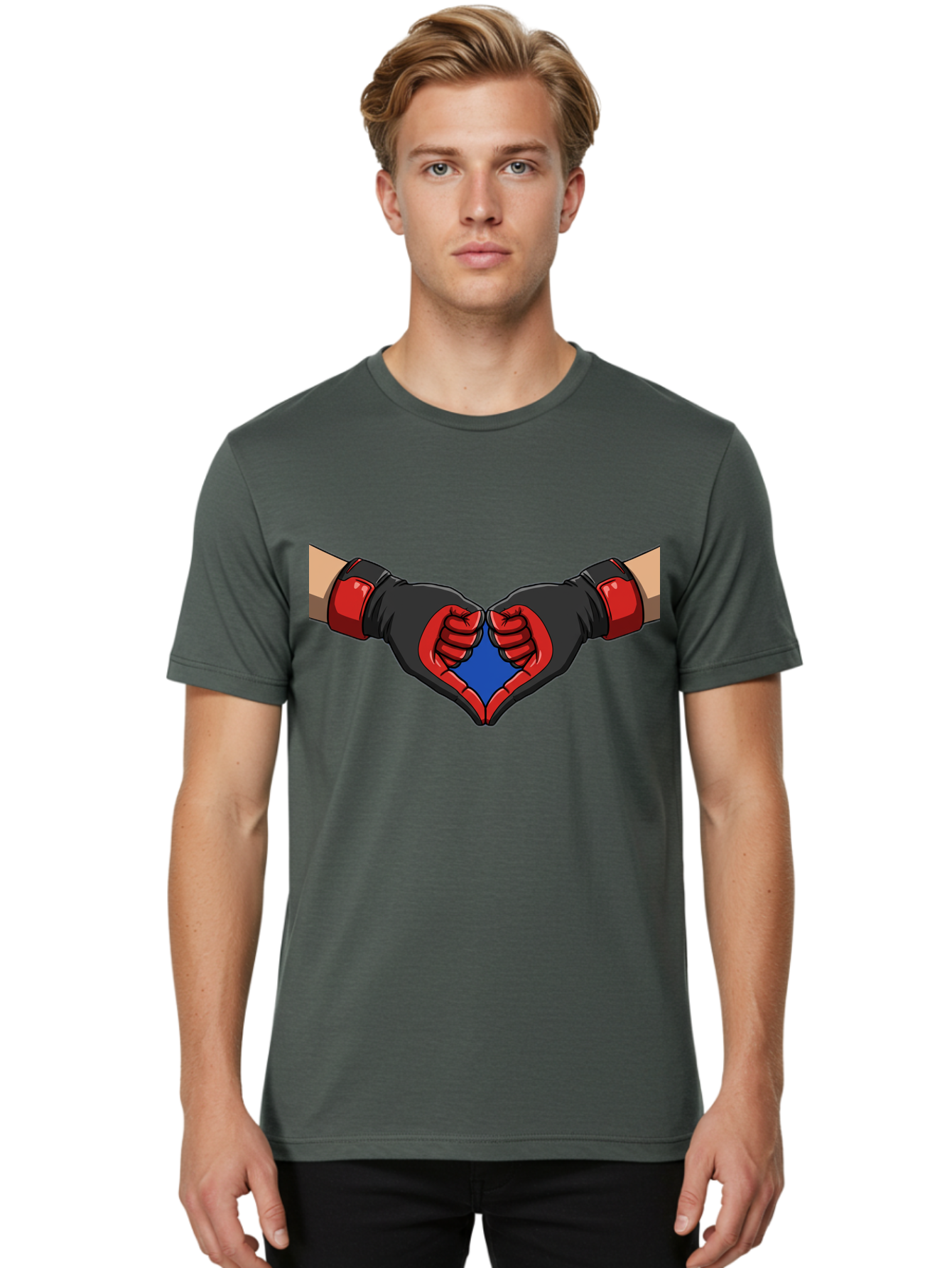 Hands-Forming-Heart-2 Men'S Graphic Tee, 100% Cotton, Comfortable Casual Summer Wear, Machine Washable, Hands Forming A Heart Shape, Black And Red Boxing Gloves, Blue Heart Center, Cartoon Illustration, Hand Gesture, Symbolic Heart Shape, Bac023