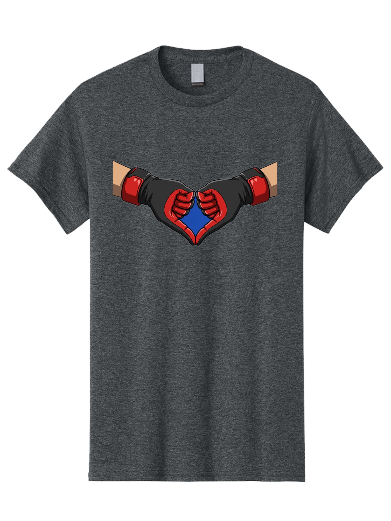 Hands-Forming-Heart-2 Men'S Graphic Tee, 100% Cotton, Comfortable Casual Summer Wear, Machine Washable, Hands Forming A Heart Shape, Black And Red Boxing Gloves, Blue Heart Center, Cartoon Illustration, Hand Gesture, Symbolic Heart Shape, Bac023