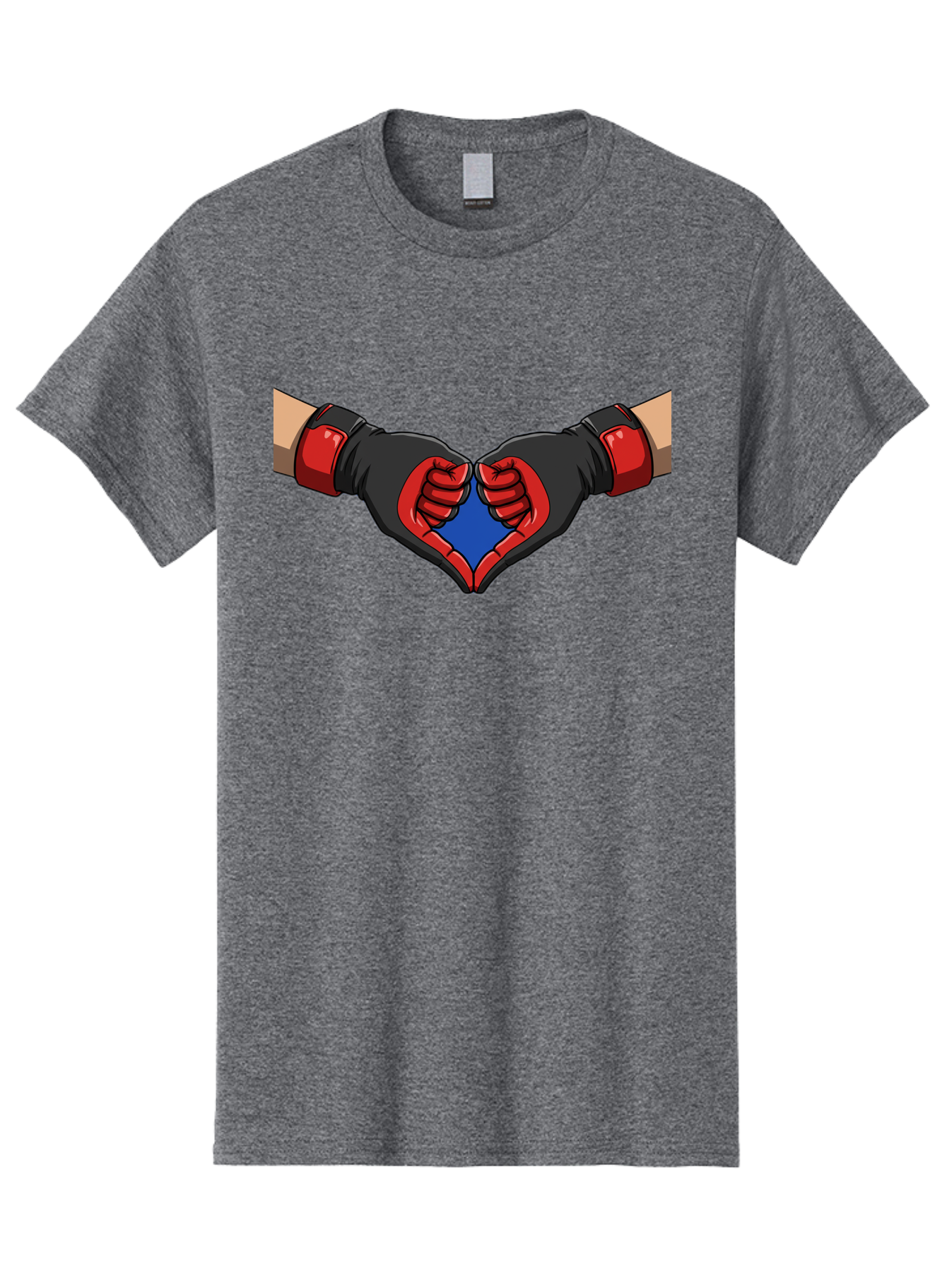 Hands-Forming-Heart-2 Men'S Graphic Tee, 100% Cotton, Comfortable Casual Summer Wear, Machine Washable, Hands Forming A Heart Shape, Black And Red Boxing Gloves, Blue Heart Center, Cartoon Illustration, Hand Gesture, Symbolic Heart Shape, Bac023