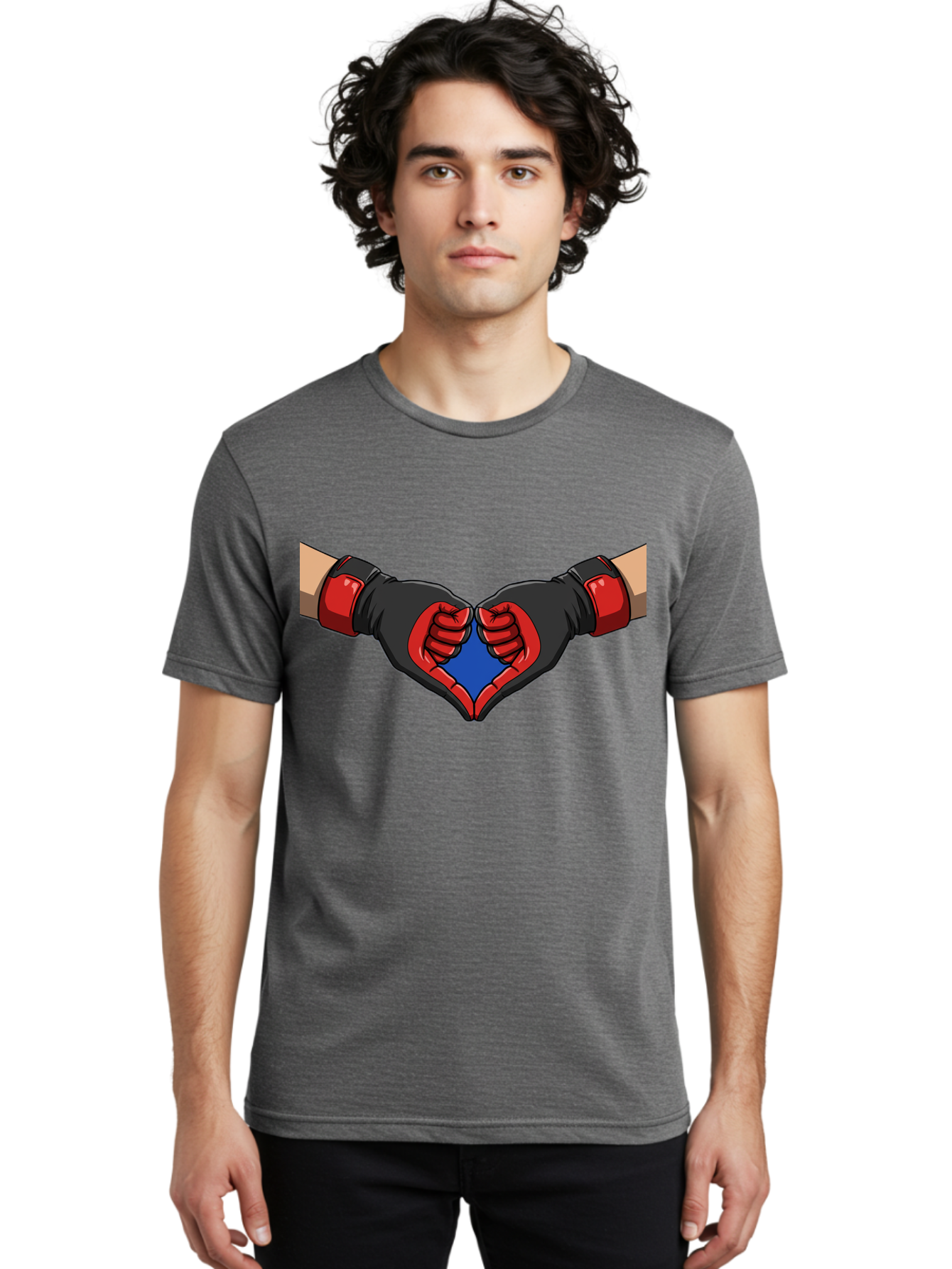 Hands-Forming-Heart-2 Men'S Graphic Tee, 100% Cotton, Comfortable Casual Summer Wear, Machine Washable, Hands Forming A Heart Shape, Black And Red Boxing Gloves, Blue Heart Center, Cartoon Illustration, Hand Gesture, Symbolic Heart Shape, Bac023