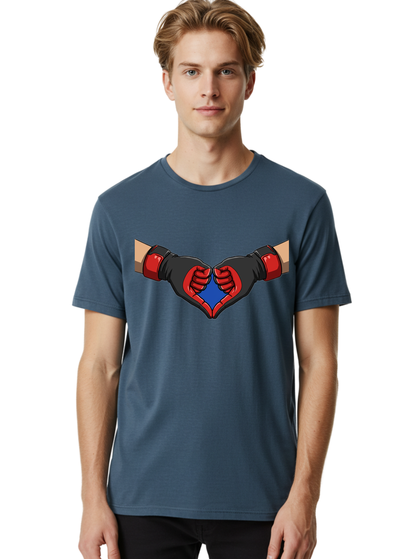 Hands-Forming-Heart-2 Men'S Graphic Tee, 100% Cotton, Comfortable Casual Summer Wear, Machine Washable, Hands Forming A Heart Shape, Black And Red Boxing Gloves, Blue Heart Center, Cartoon Illustration, Hand Gesture, Symbolic Heart Shape, Bac023