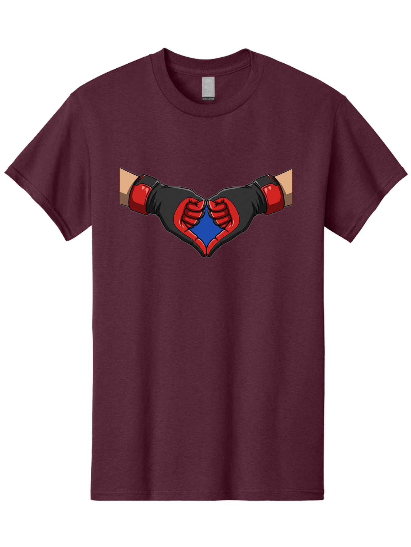 Hands-Forming-Heart-2 Men'S Graphic Tee, 100% Cotton, Comfortable Casual Summer Wear, Machine Washable, Hands Forming A Heart Shape, Black And Red Boxing Gloves, Blue Heart Center, Cartoon Illustration, Hand Gesture, Symbolic Heart Shape, Bac023