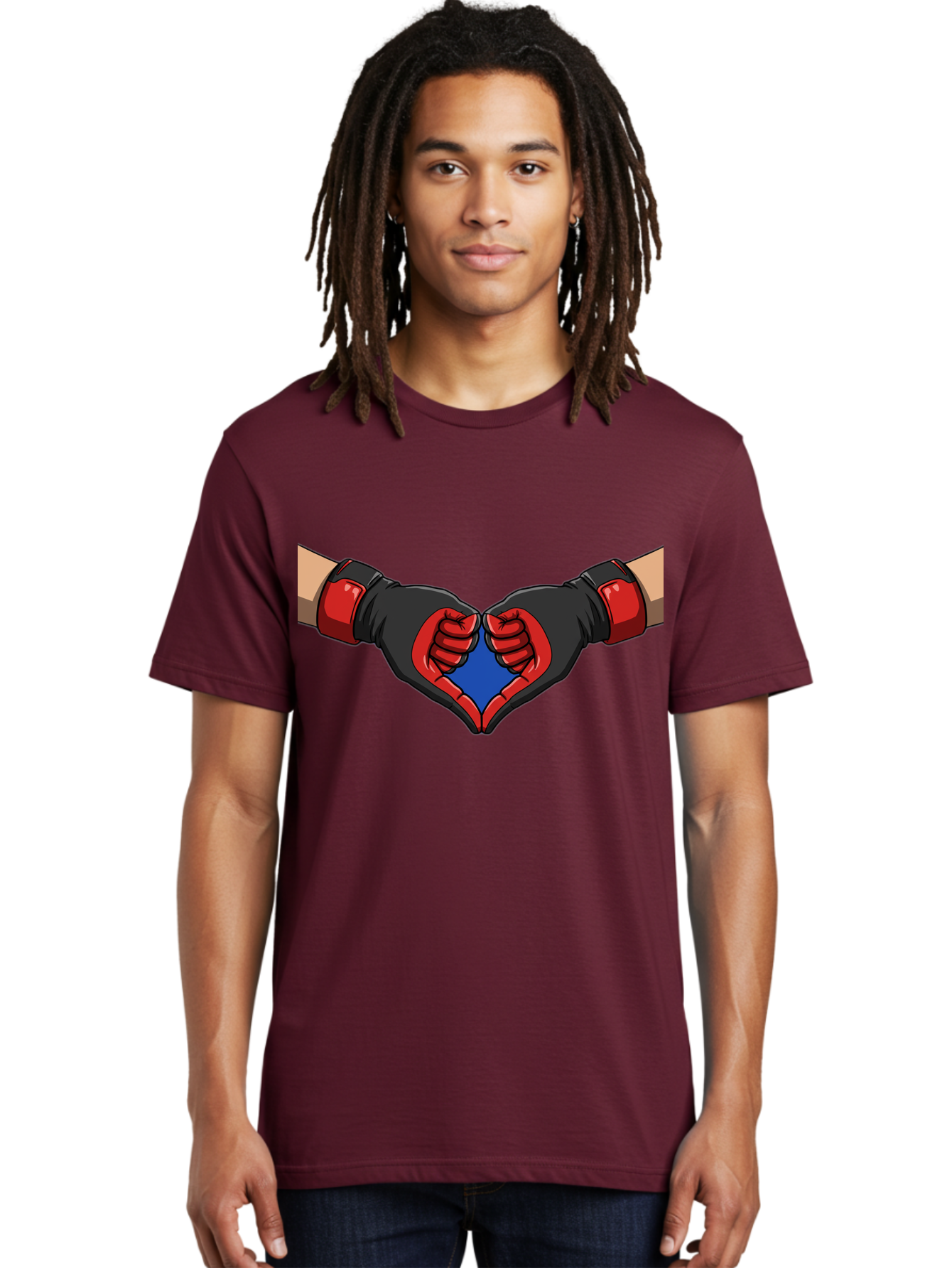 Hands-Forming-Heart-2 Men'S Graphic Tee, 100% Cotton, Comfortable Casual Summer Wear, Machine Washable, Hands Forming A Heart Shape, Black And Red Boxing Gloves, Blue Heart Center, Cartoon Illustration, Hand Gesture, Symbolic Heart Shape, Bac023
