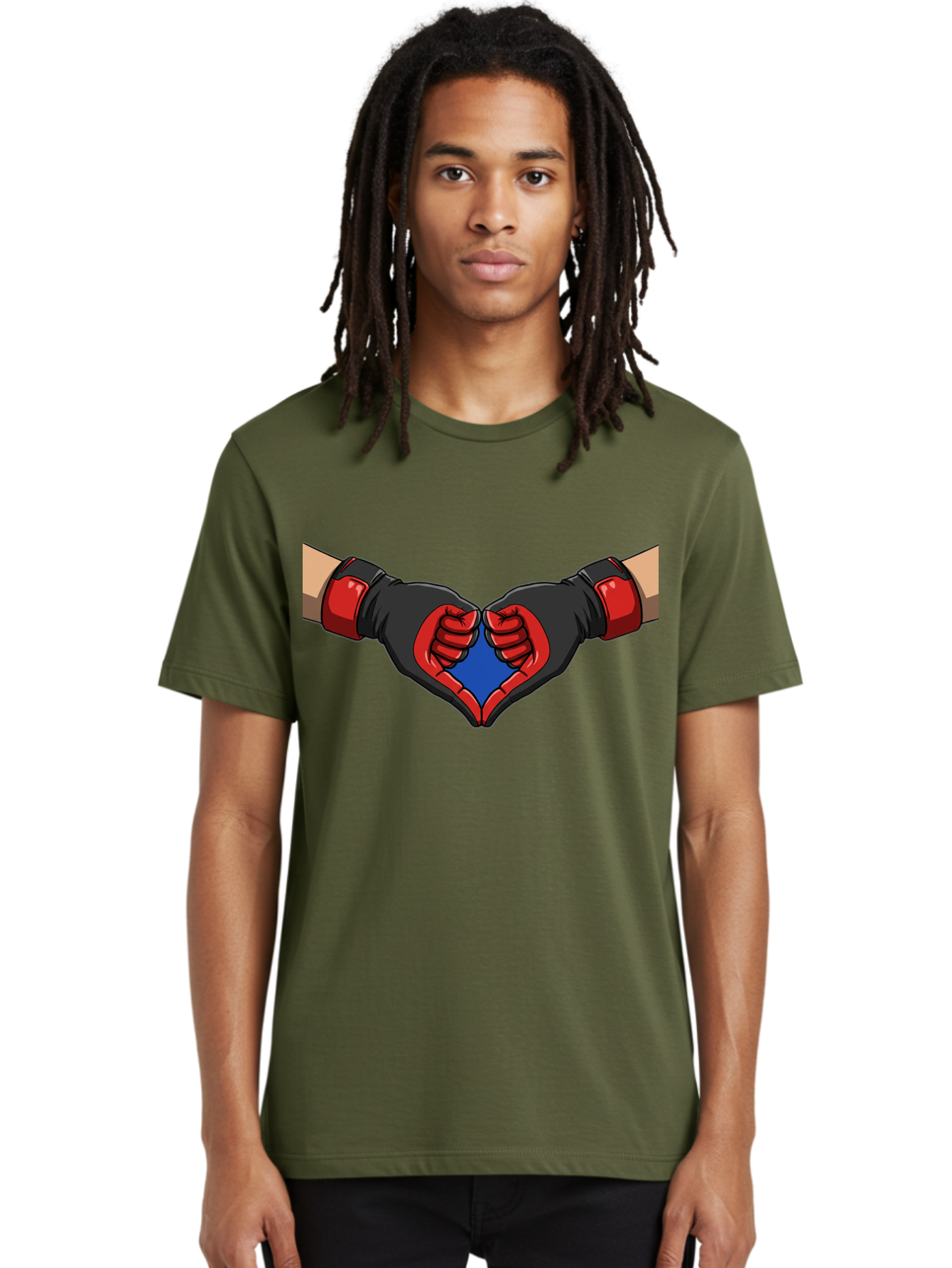 Hands-Forming-Heart-2 Men'S Graphic Tee, 100% Cotton, Comfortable Casual Summer Wear, Machine Washable, Hands Forming A Heart Shape, Black And Red Boxing Gloves, Blue Heart Center, Cartoon Illustration, Hand Gesture, Symbolic Heart Shape, Bac023
