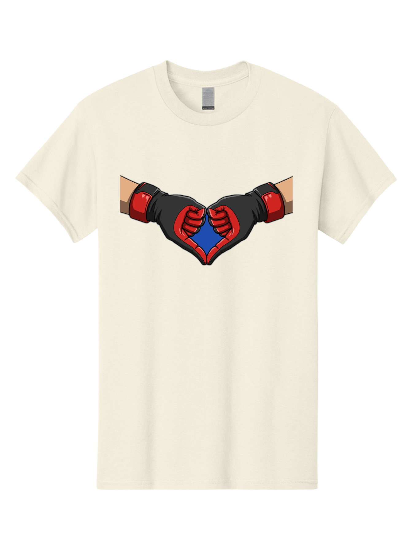 Hands-Forming-Heart-2 Men'S Graphic Tee, 100% Cotton, Comfortable Casual Summer Wear, Machine Washable, Hands Forming A Heart Shape, Black And Red Boxing Gloves, Blue Heart Center, Cartoon Illustration, Hand Gesture, Symbolic Heart Shape, Bac023