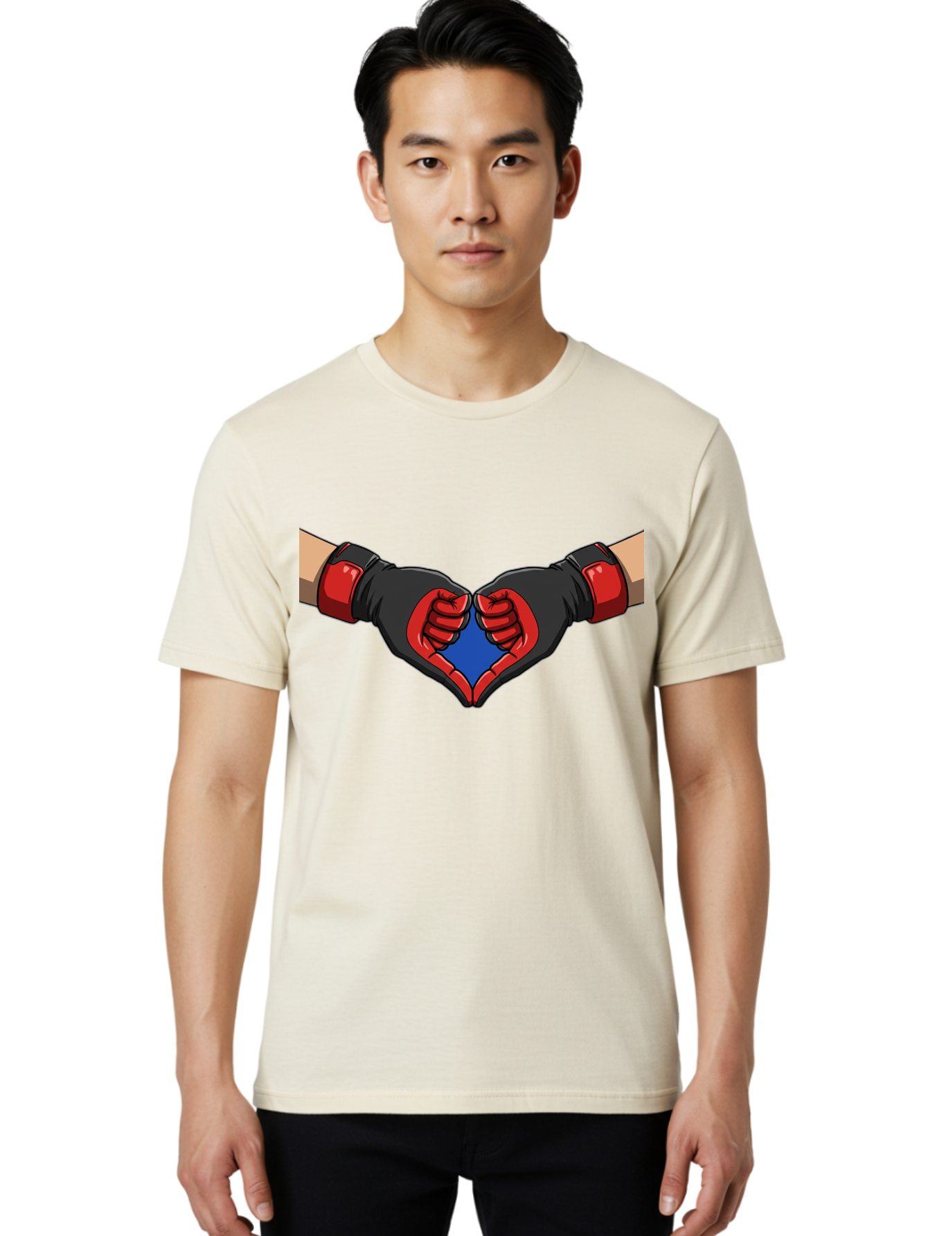 Hands-Forming-Heart-2 Men'S Graphic Tee, 100% Cotton, Comfortable Casual Summer Wear, Machine Washable, Hands Forming A Heart Shape, Black And Red Boxing Gloves, Blue Heart Center, Cartoon Illustration, Hand Gesture, Symbolic Heart Shape, Bac023