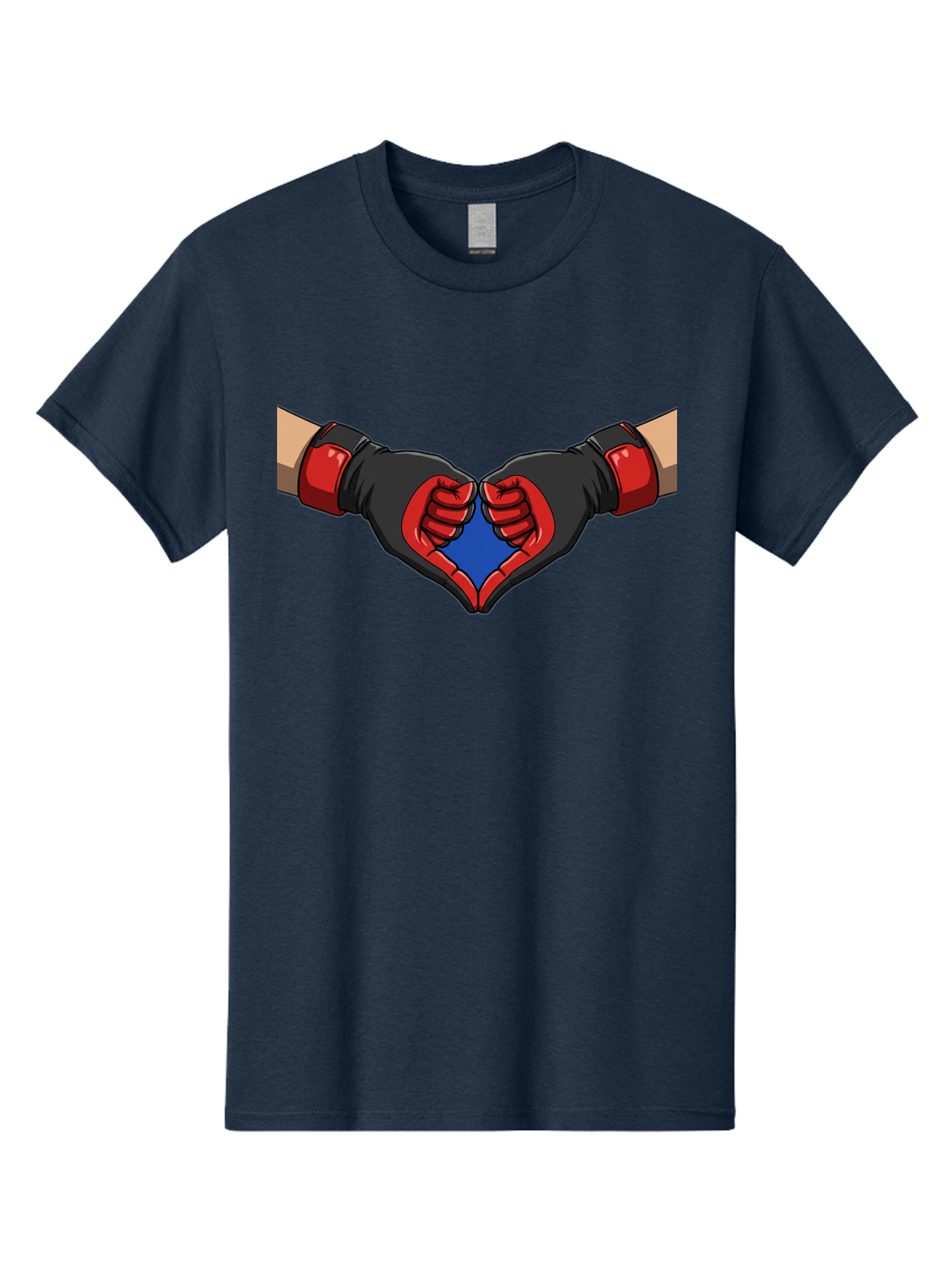 Hands-Forming-Heart-2 Men'S Graphic Tee, 100% Cotton, Comfortable Casual Summer Wear, Machine Washable, Hands Forming A Heart Shape, Black And Red Boxing Gloves, Blue Heart Center, Cartoon Illustration, Hand Gesture, Symbolic Heart Shape, Bac023