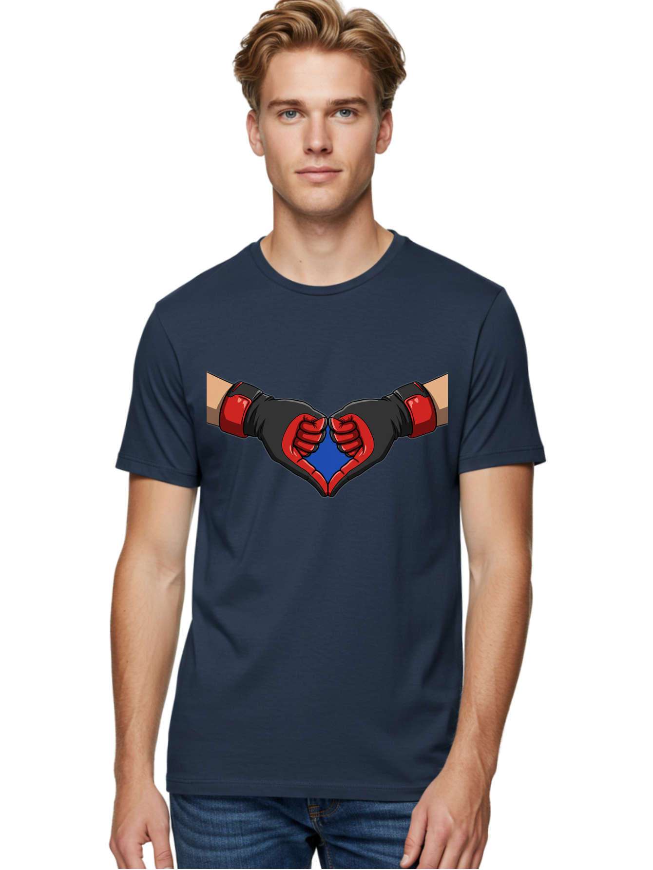 Hands-Forming-Heart-2 Men'S Graphic Tee, 100% Cotton, Comfortable Casual Summer Wear, Machine Washable, Hands Forming A Heart Shape, Black And Red Boxing Gloves, Blue Heart Center, Cartoon Illustration, Hand Gesture, Symbolic Heart Shape, Bac023
