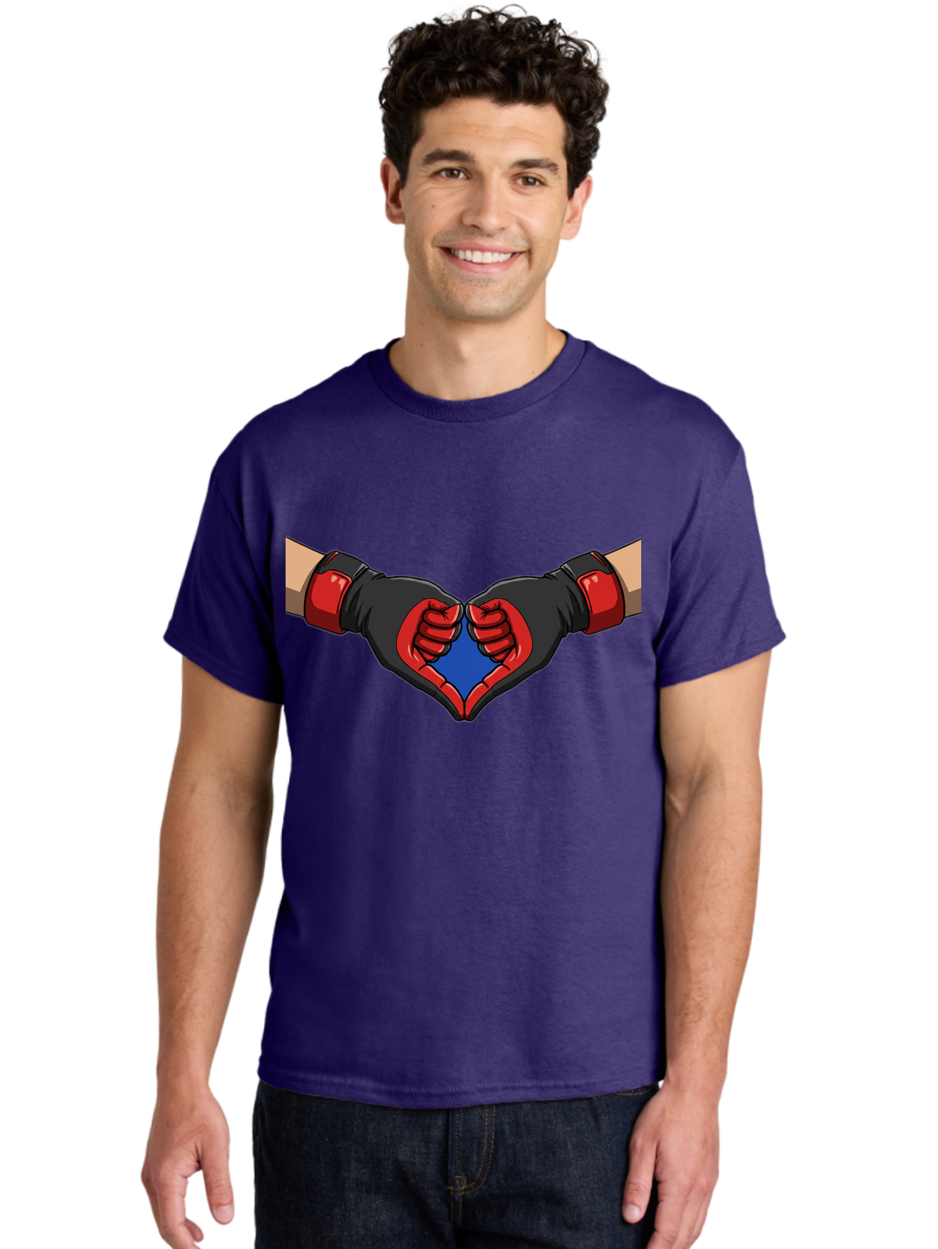Hands-Forming-Heart-2 Men'S Graphic Tee, 100% Cotton, Comfortable Casual Summer Wear, Machine Washable, Hands Forming A Heart Shape, Black And Red Boxing Gloves, Blue Heart Center, Cartoon Illustration, Hand Gesture, Symbolic Heart Shape, Bac023