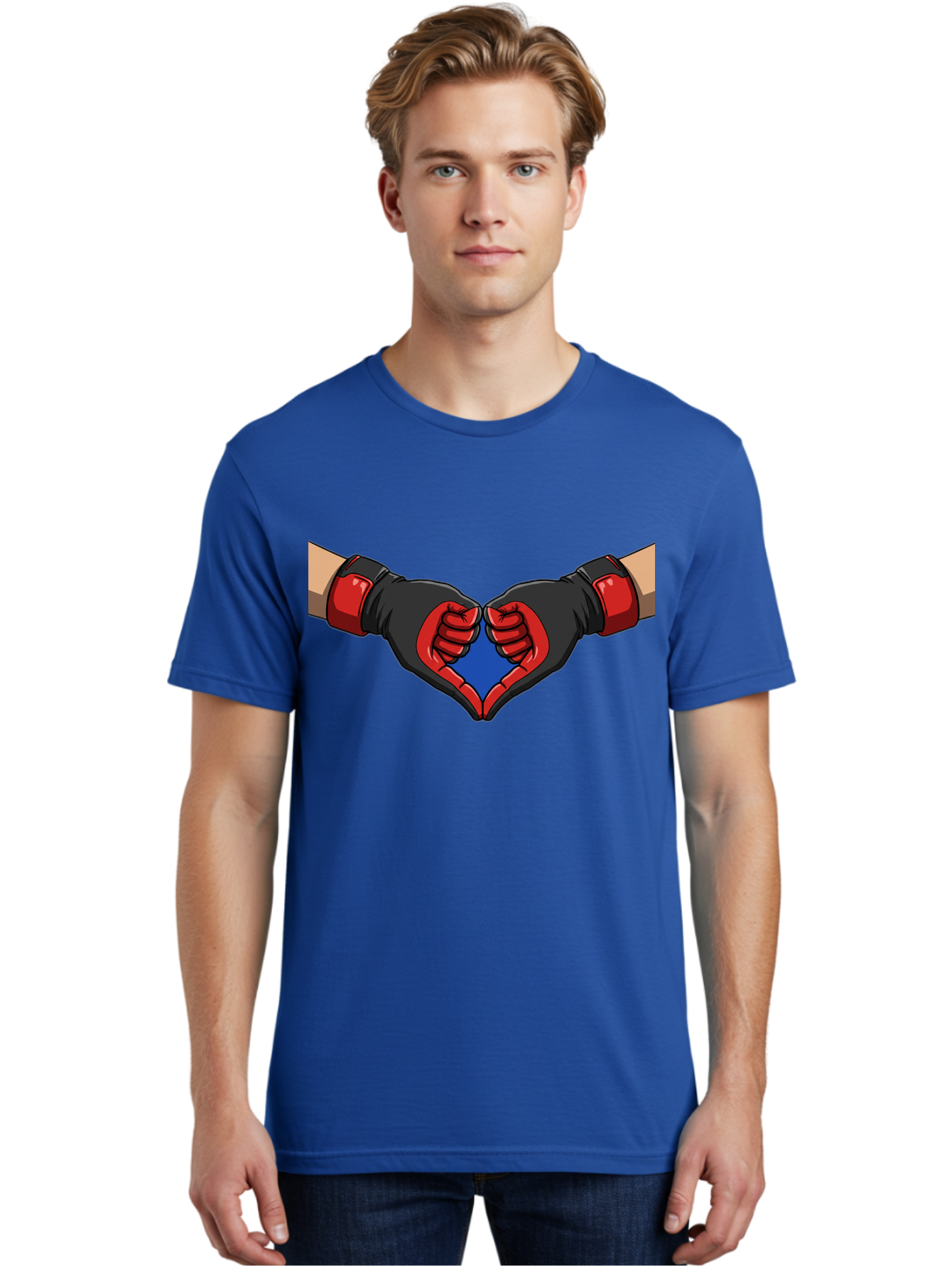 Hands-Forming-Heart-2 Men'S Graphic Tee, 100% Cotton, Comfortable Casual Summer Wear, Machine Washable, Hands Forming A Heart Shape, Black And Red Boxing Gloves, Blue Heart Center, Cartoon Illustration, Hand Gesture, Symbolic Heart Shape, Bac023