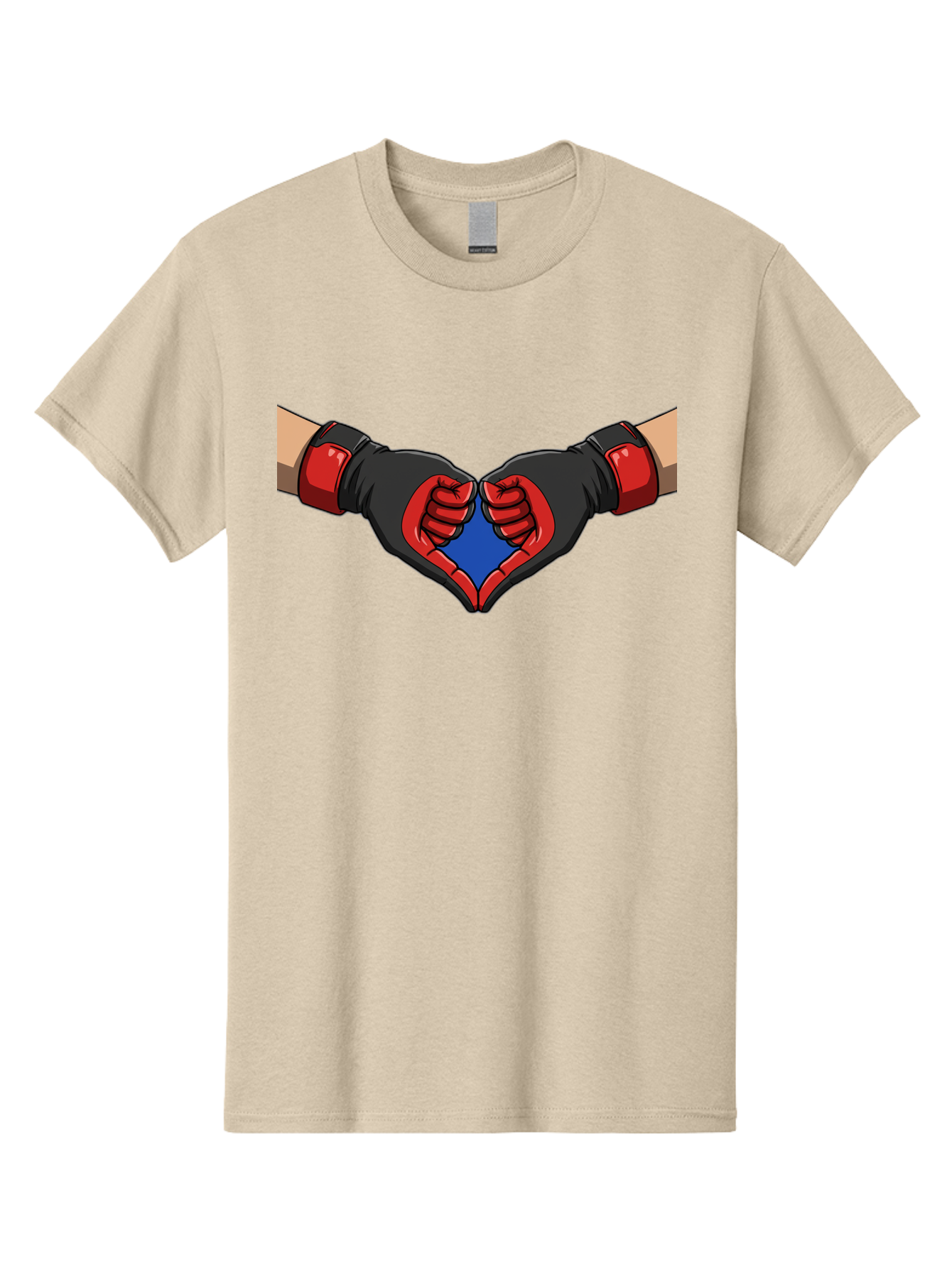 Hands-Forming-Heart-2 Men'S Graphic Tee, 100% Cotton, Comfortable Casual Summer Wear, Machine Washable, Hands Forming A Heart Shape, Black And Red Boxing Gloves, Blue Heart Center, Cartoon Illustration, Hand Gesture, Symbolic Heart Shape, Bac023