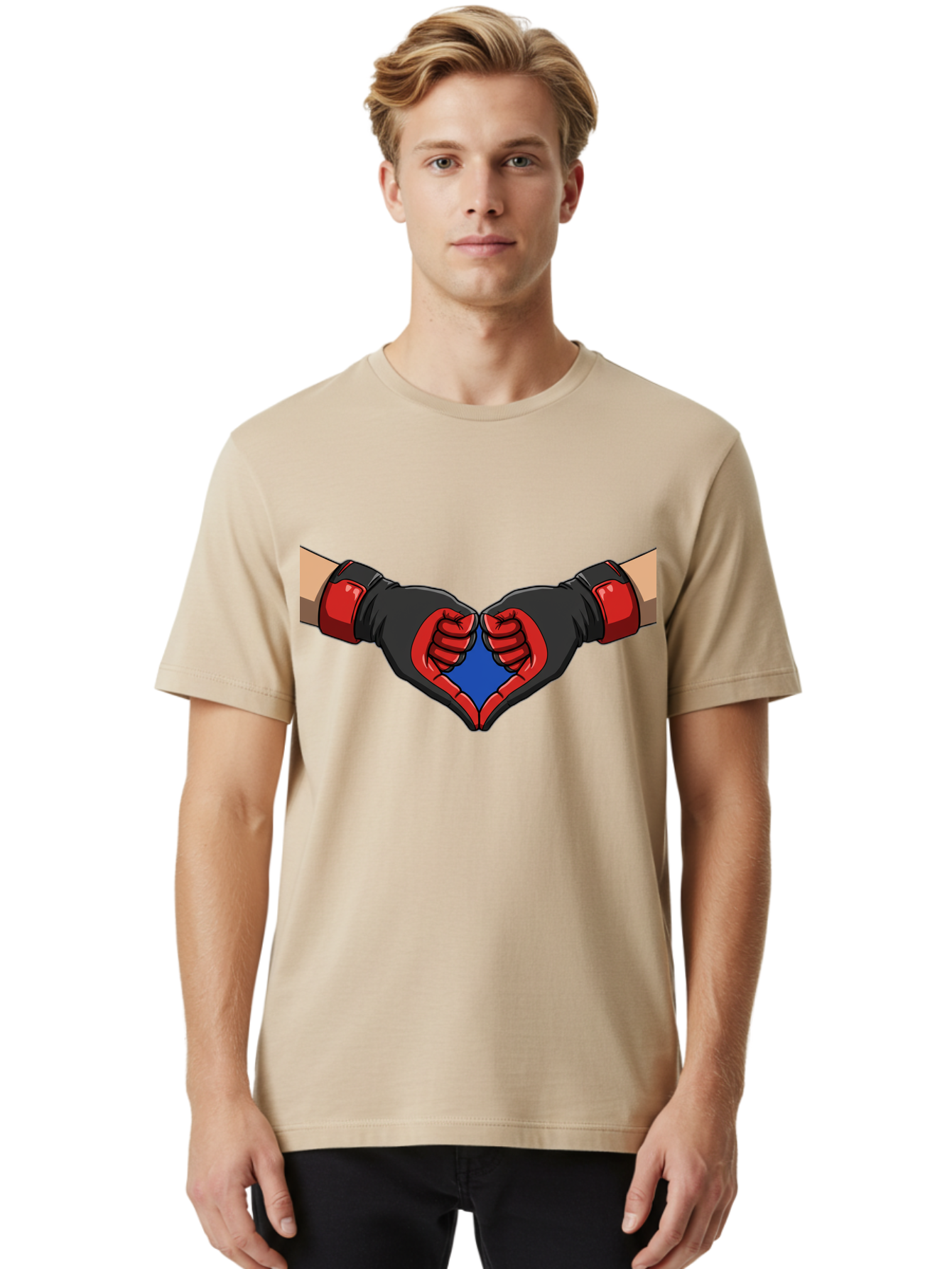 Hands-Forming-Heart-2 Men'S Graphic Tee, 100% Cotton, Comfortable Casual Summer Wear, Machine Washable, Hands Forming A Heart Shape, Black And Red Boxing Gloves, Blue Heart Center, Cartoon Illustration, Hand Gesture, Symbolic Heart Shape, Bac023