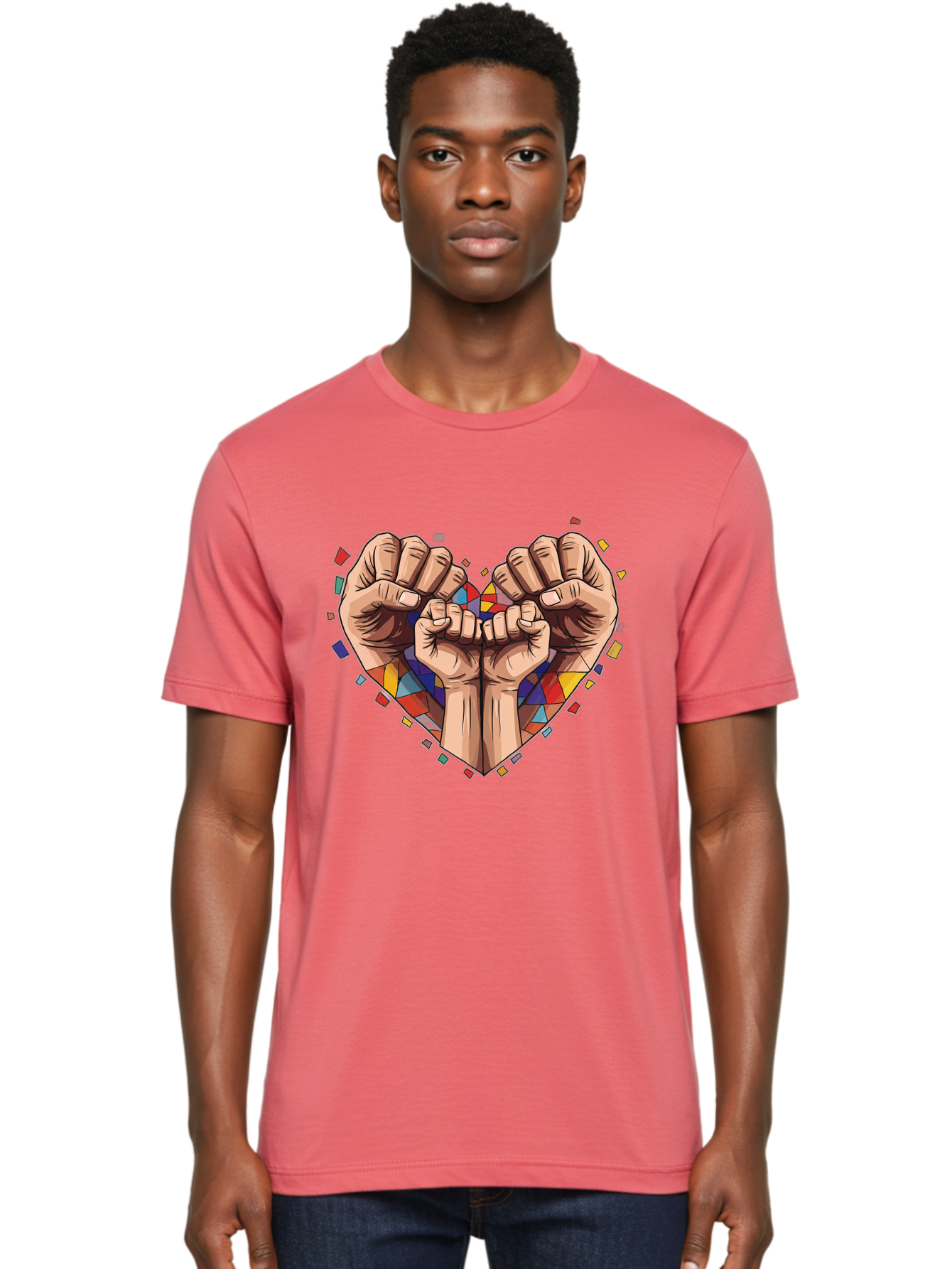 Hands-Forming-Heart-4 Men'S Graphic Tee, 100% Cotton, Comfortable Casual Summer Wear, Machine Washable, Hands Forming Heart Shape, Mosaic Heart, Multi-Colored Tiles, Vibrant Colors, Unity Symbol, Togetherness, Love, Solidarity, Empowerment Bac025