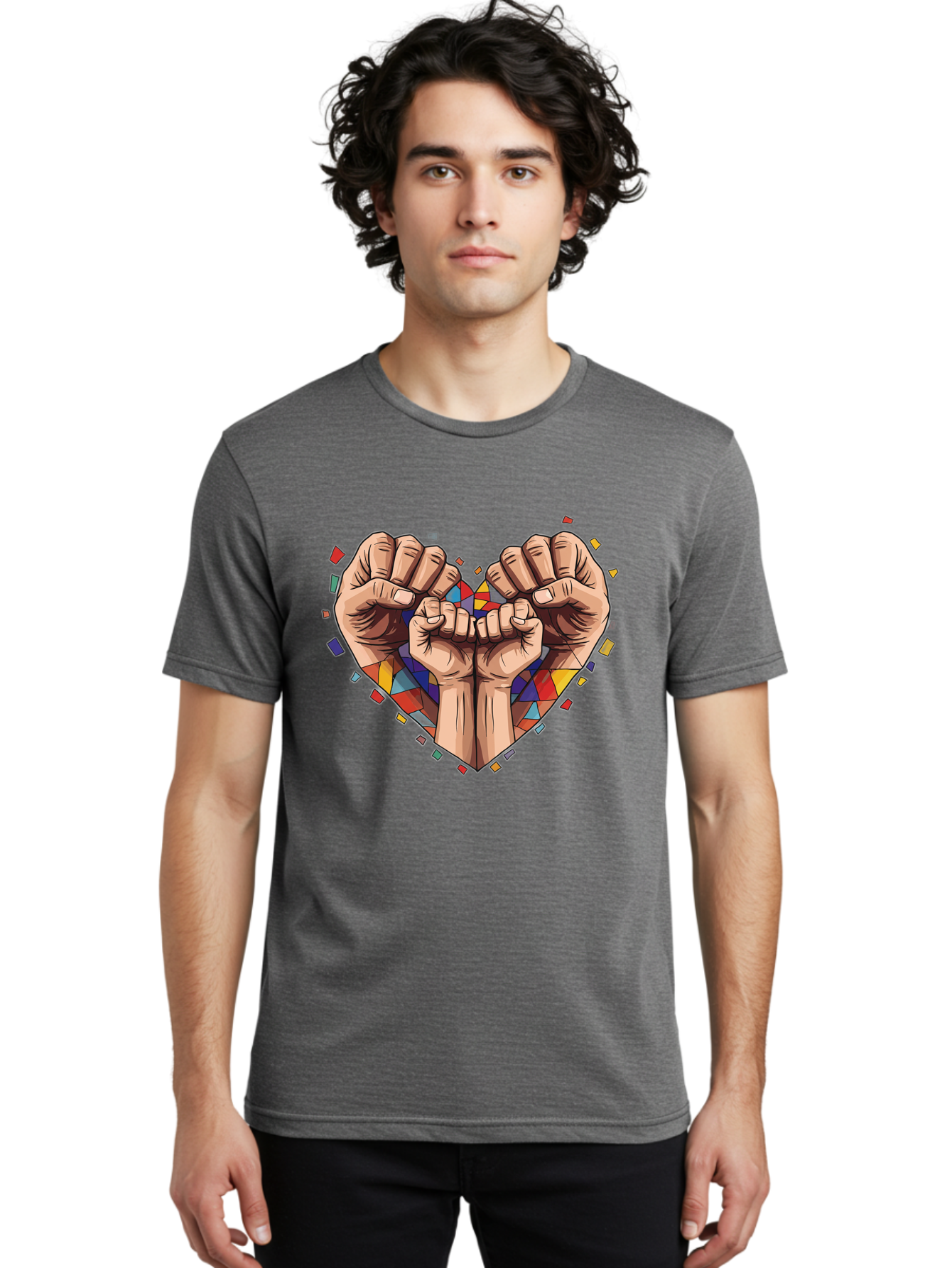 Hands-Forming-Heart-4 Men'S Graphic Tee, 100% Cotton, Comfortable Casual Summer Wear, Machine Washable, Hands Forming Heart Shape, Mosaic Heart, Multi-Colored Tiles, Vibrant Colors, Unity Symbol, Togetherness, Love, Solidarity, Empowerment Bac025