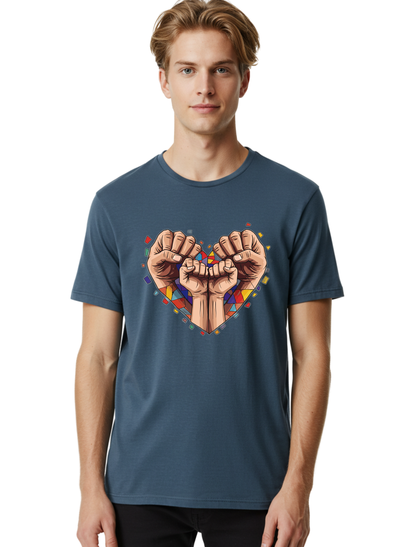 Hands-Forming-Heart-4 Men'S Graphic Tee, 100% Cotton, Comfortable Casual Summer Wear, Machine Washable, Hands Forming Heart Shape, Mosaic Heart, Multi-Colored Tiles, Vibrant Colors, Unity Symbol, Togetherness, Love, Solidarity, Empowerment Bac025