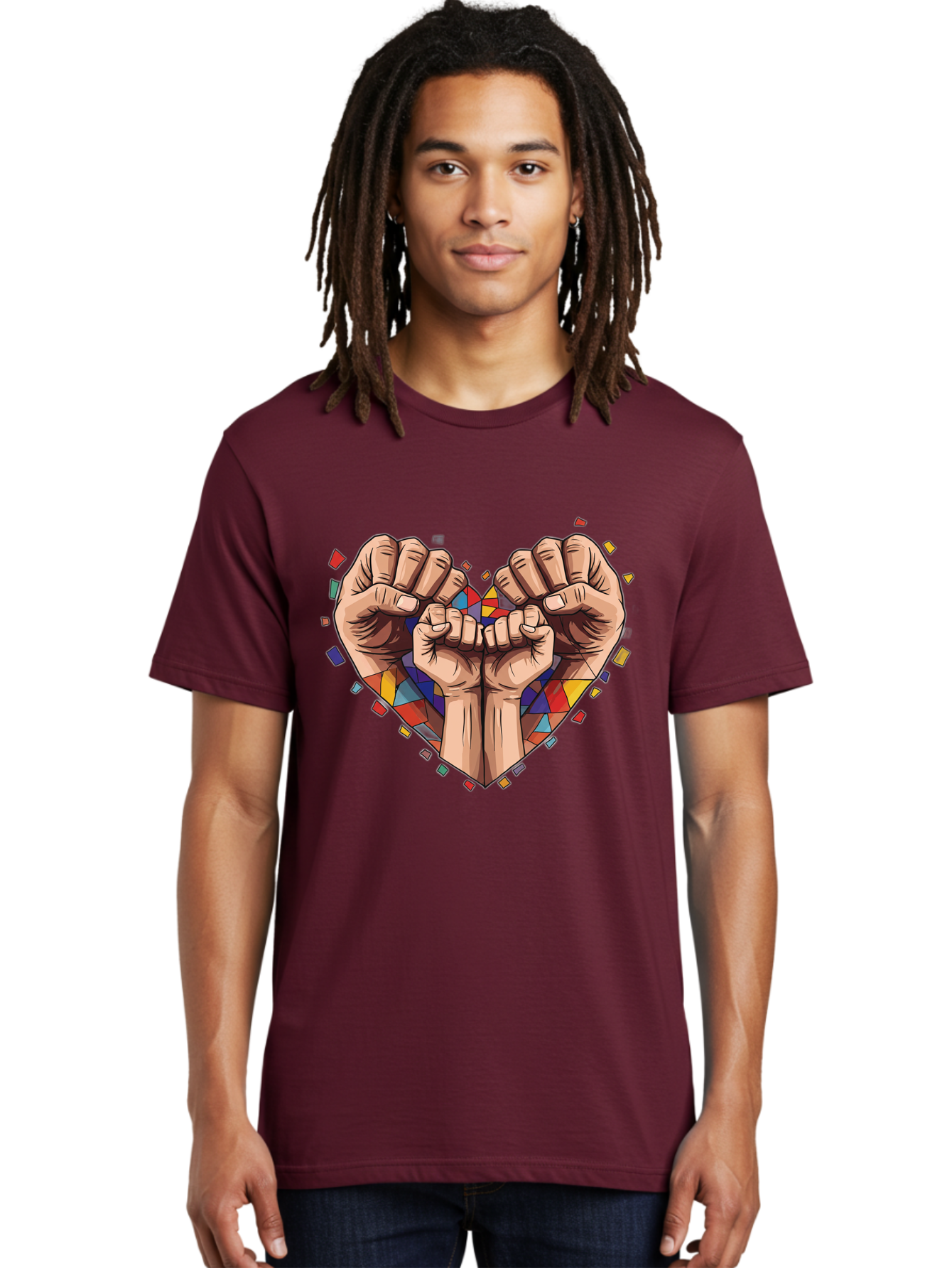 Hands-Forming-Heart-4 Men'S Graphic Tee, 100% Cotton, Comfortable Casual Summer Wear, Machine Washable, Hands Forming Heart Shape, Mosaic Heart, Multi-Colored Tiles, Vibrant Colors, Unity Symbol, Togetherness, Love, Solidarity, Empowerment Bac025