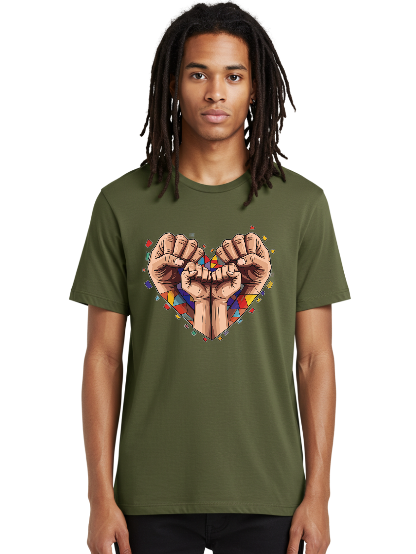Hands-Forming-Heart-4 Men'S Graphic Tee, 100% Cotton, Comfortable Casual Summer Wear, Machine Washable, Hands Forming Heart Shape, Mosaic Heart, Multi-Colored Tiles, Vibrant Colors, Unity Symbol, Togetherness, Love, Solidarity, Empowerment Bac025
