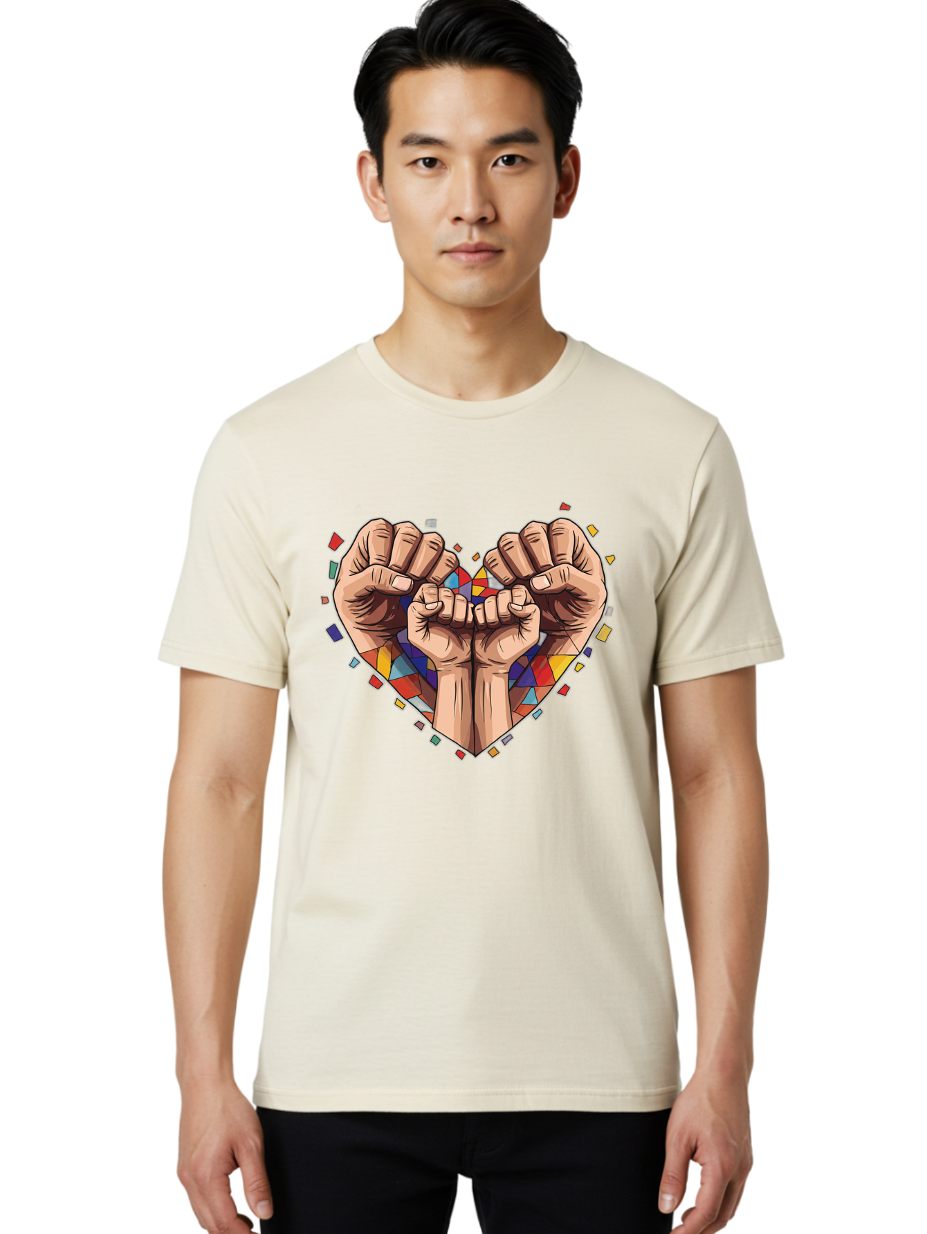 Hands-Forming-Heart-4 Men'S Graphic Tee, 100% Cotton, Comfortable Casual Summer Wear, Machine Washable, Hands Forming Heart Shape, Mosaic Heart, Multi-Colored Tiles, Vibrant Colors, Unity Symbol, Togetherness, Love, Solidarity, Empowerment Bac025