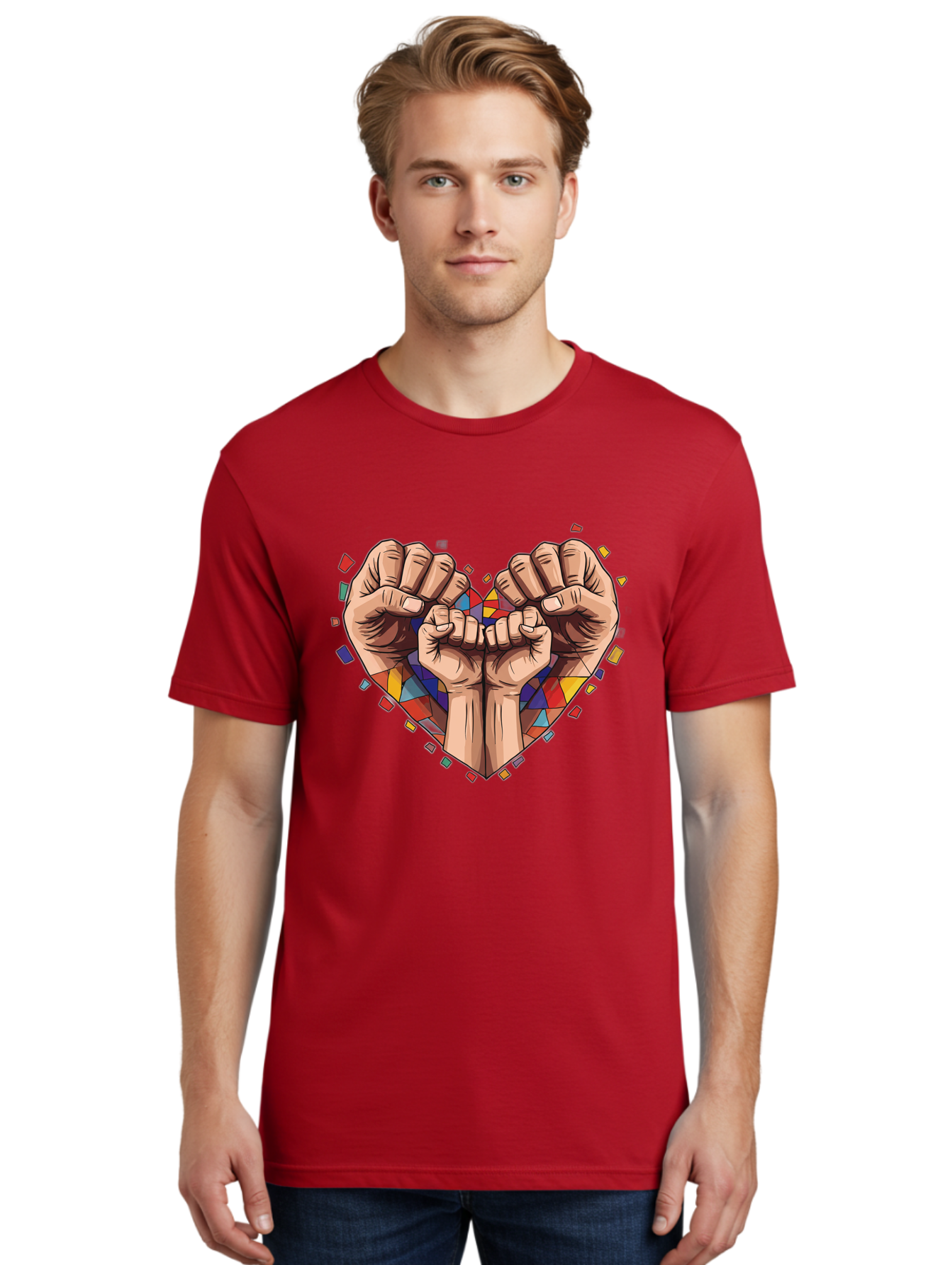 Hands-Forming-Heart-4 Men'S Graphic Tee, 100% Cotton, Comfortable Casual Summer Wear, Machine Washable, Hands Forming Heart Shape, Mosaic Heart, Multi-Colored Tiles, Vibrant Colors, Unity Symbol, Togetherness, Love, Solidarity, Empowerment Bac025