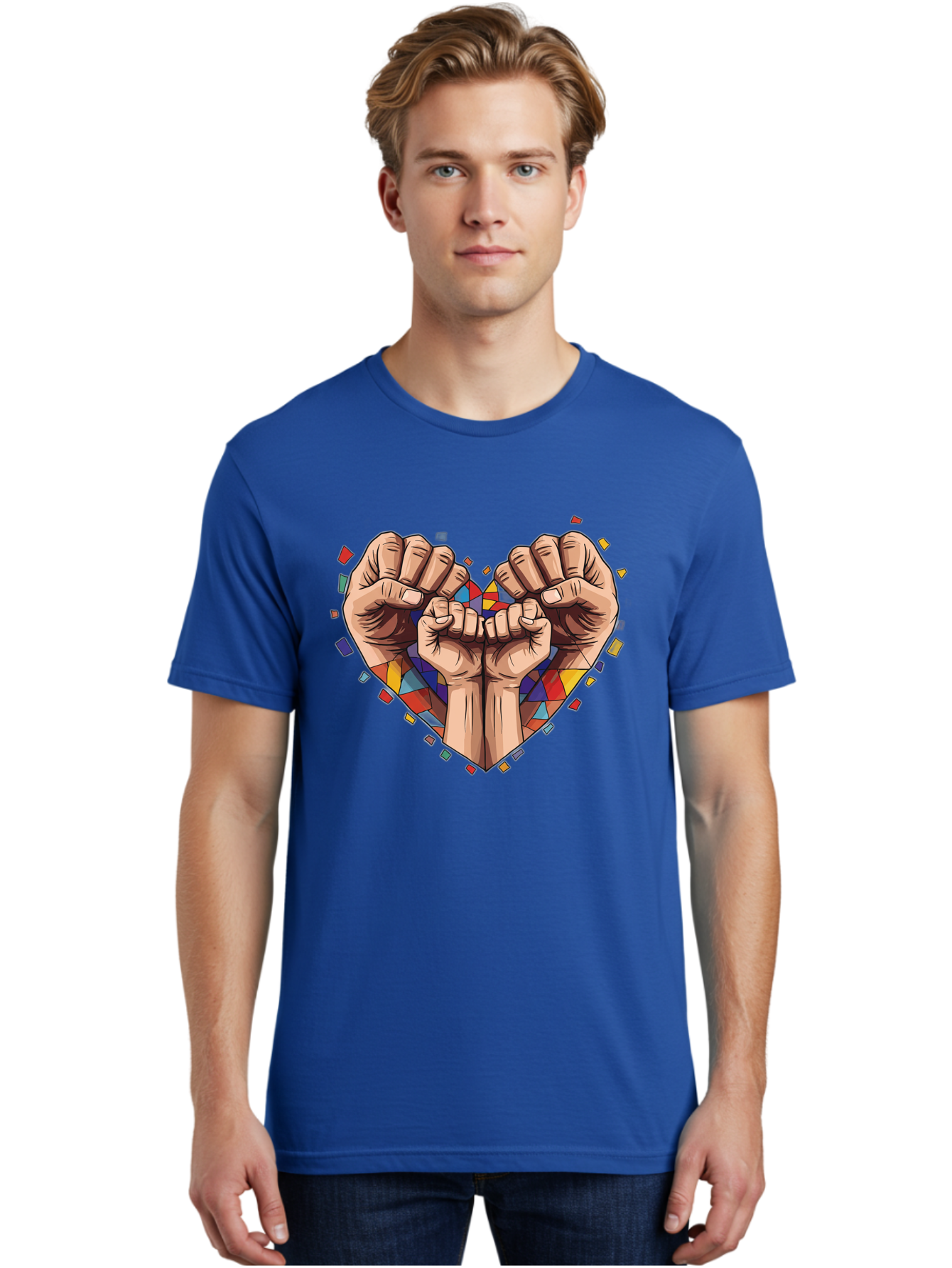 Hands-Forming-Heart-4 Men'S Graphic Tee, 100% Cotton, Comfortable Casual Summer Wear, Machine Washable, Hands Forming Heart Shape, Mosaic Heart, Multi-Colored Tiles, Vibrant Colors, Unity Symbol, Togetherness, Love, Solidarity, Empowerment Bac025