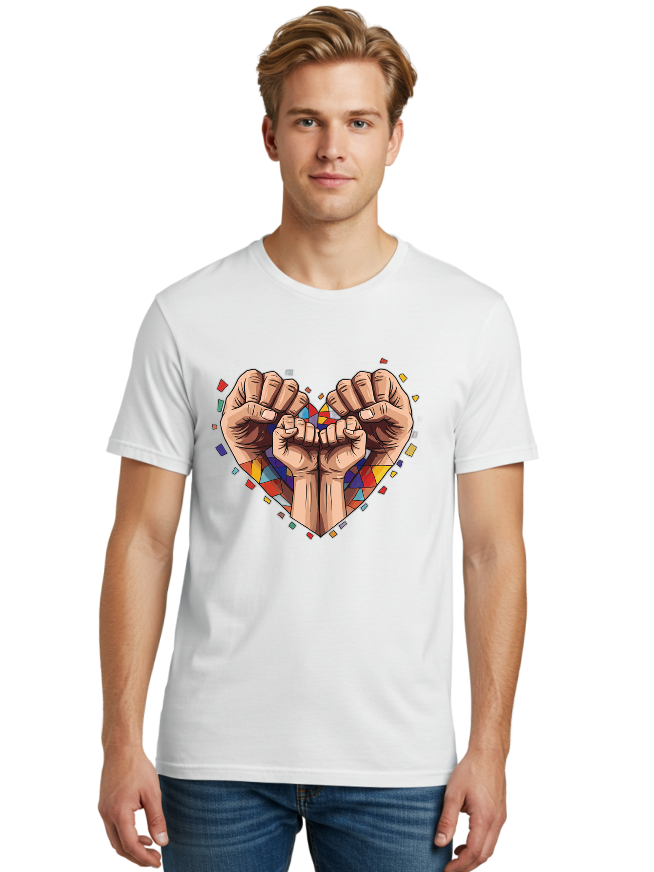 Hands-Forming-Heart-4 Men'S Graphic Tee, 100% Cotton, Comfortable Casual Summer Wear, Machine Washable, Hands Forming Heart Shape, Mosaic Heart, Multi-Colored Tiles, Vibrant Colors, Unity Symbol, Togetherness, Love, Solidarity, Empowerment Bac025