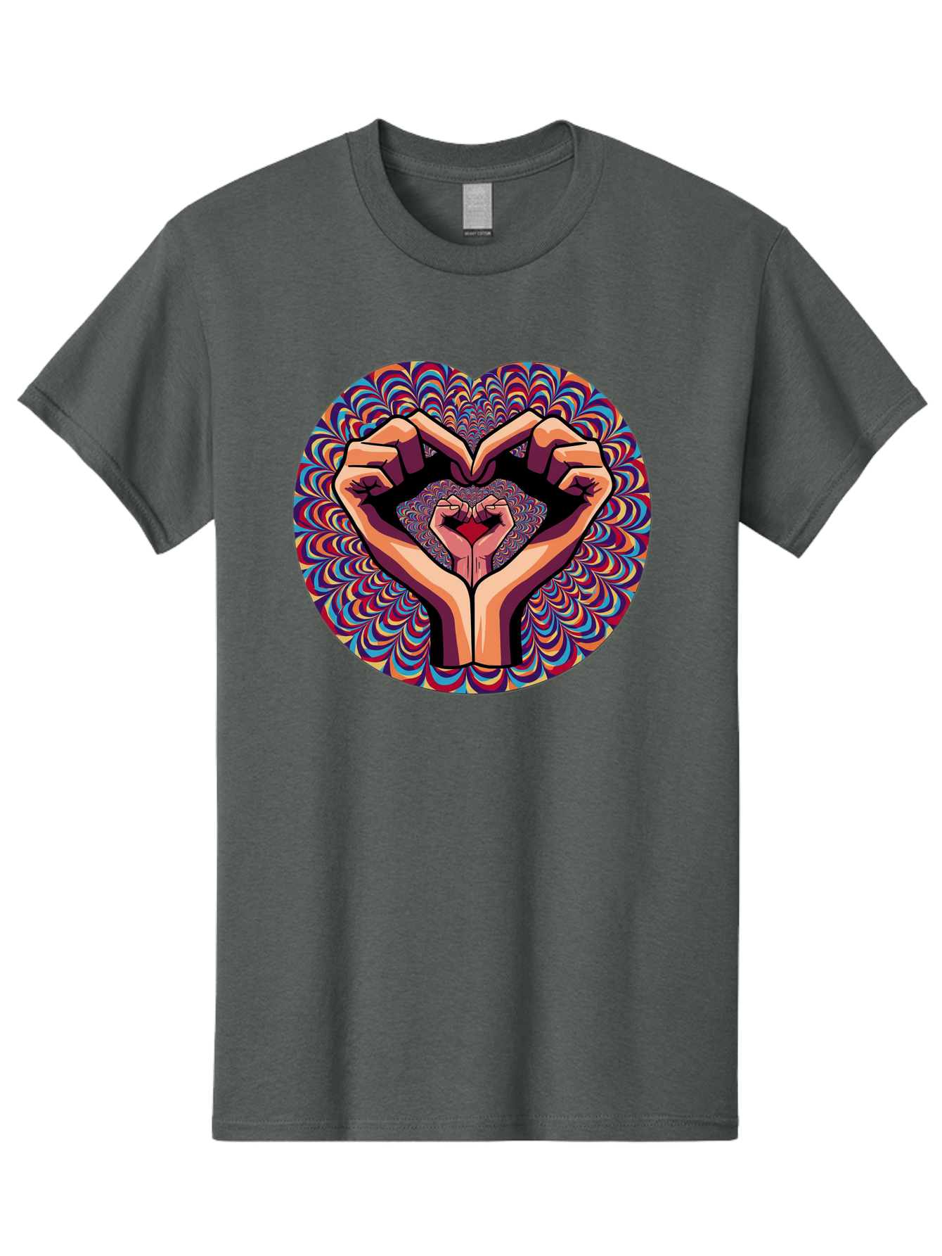 Hands-Forming-Heart-5 Men'S Graphic Tee, 100% Cotton, Comfortable Casual Summer Wear, Machine Washable, Hands Forming A Heart Shape, Psychedelic Art, Rainbow Colors, Vibrant Patterns, Love Symbol, Hand Gesture, Artistic Expression, Bac026