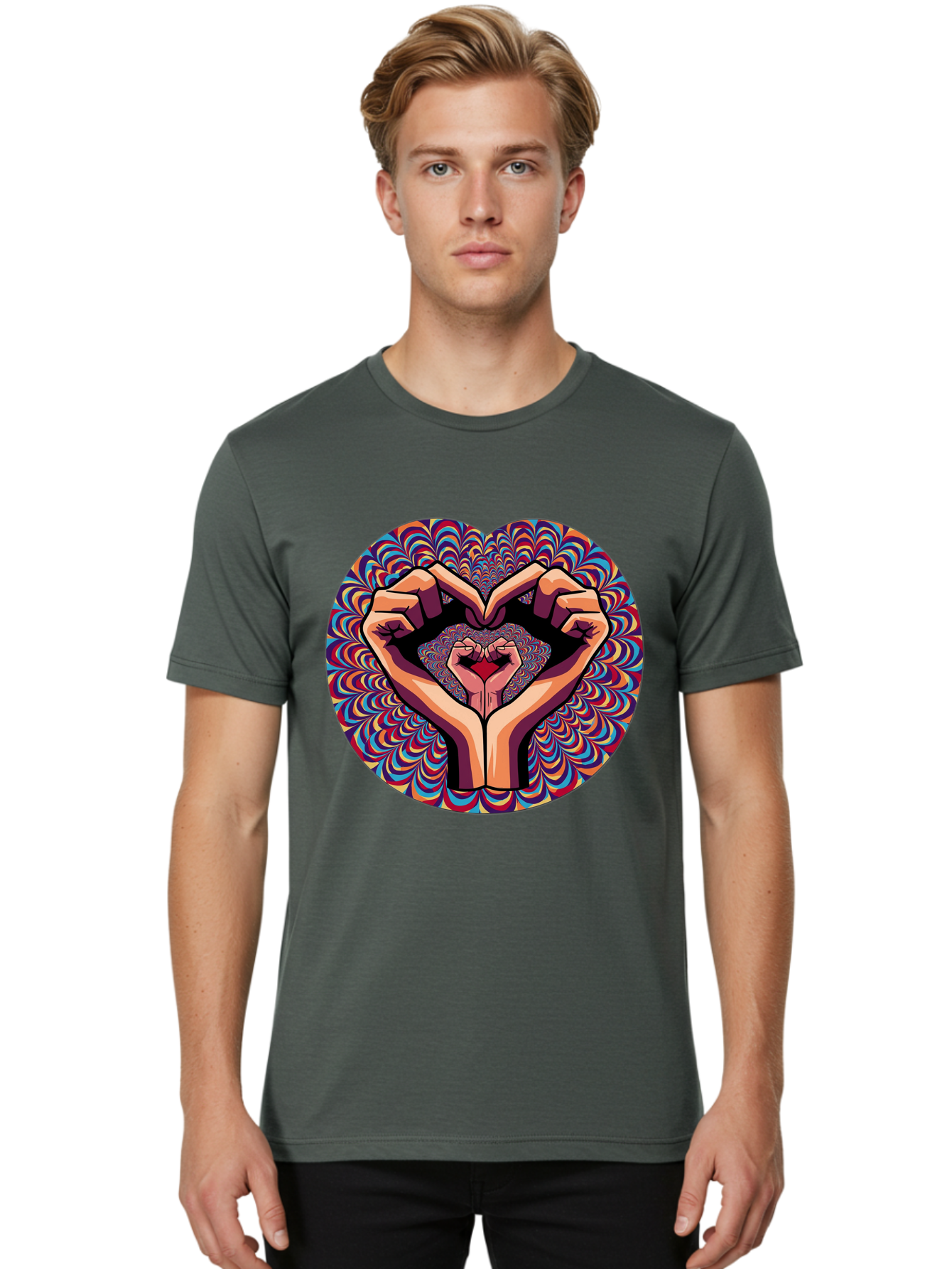 Hands-Forming-Heart-5 Men'S Graphic Tee, 100% Cotton, Comfortable Casual Summer Wear, Machine Washable, Hands Forming A Heart Shape, Psychedelic Art, Rainbow Colors, Vibrant Patterns, Love Symbol, Hand Gesture, Artistic Expression, Bac026