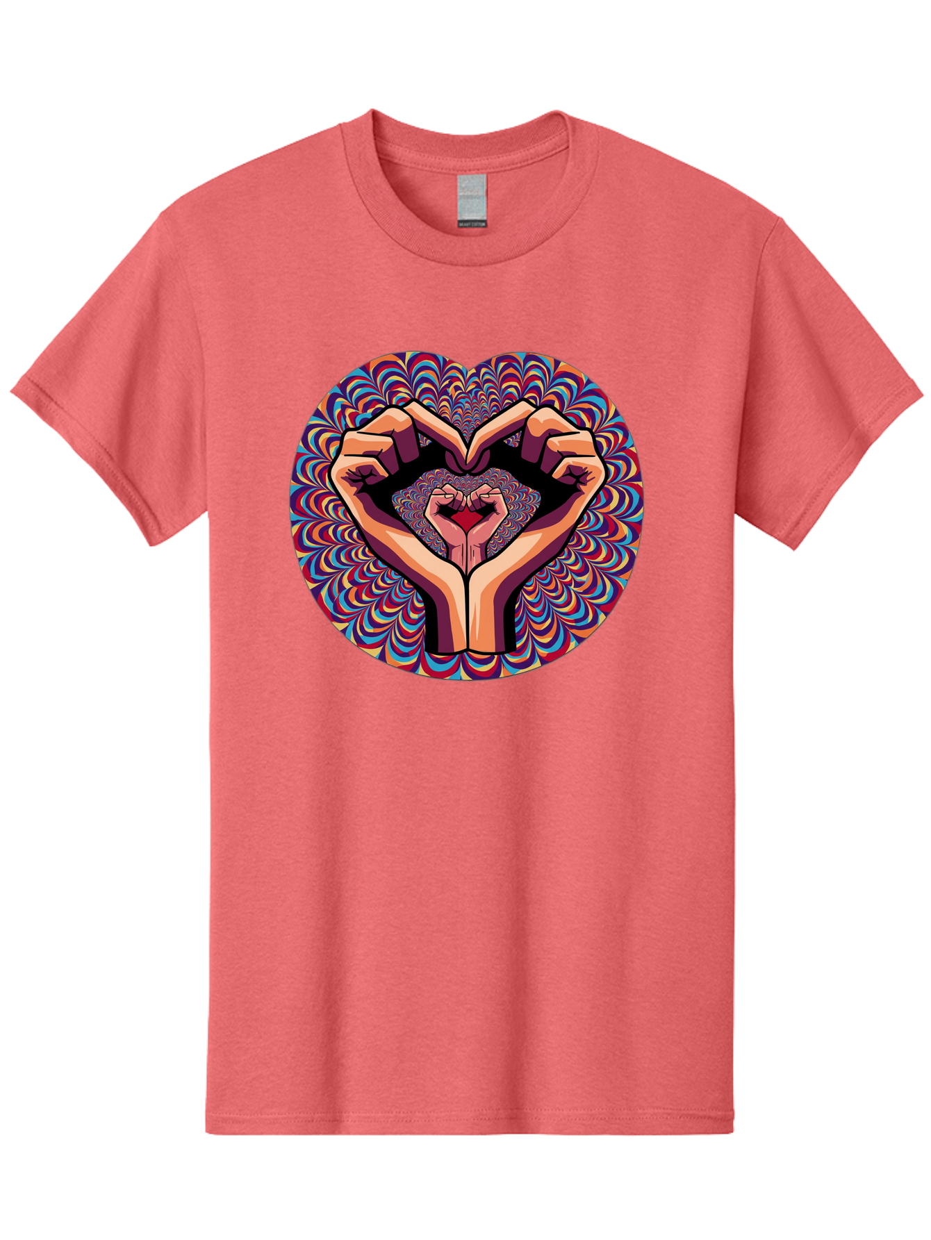 Hands-Forming-Heart-5 Men'S Graphic Tee, 100% Cotton, Comfortable Casual Summer Wear, Machine Washable, Hands Forming A Heart Shape, Psychedelic Art, Rainbow Colors, Vibrant Patterns, Love Symbol, Hand Gesture, Artistic Expression, Bac026