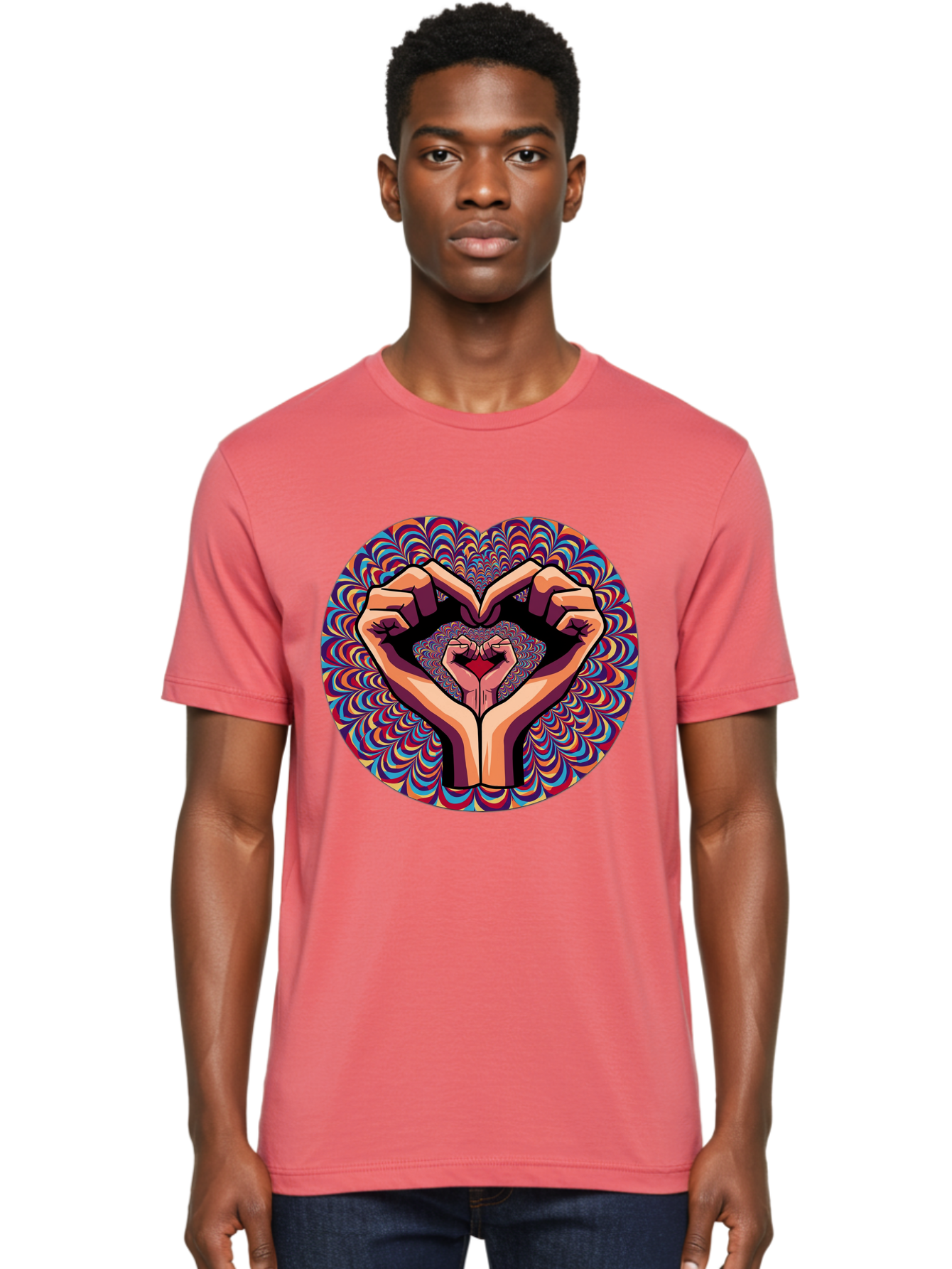 Hands-Forming-Heart-5 Men'S Graphic Tee, 100% Cotton, Comfortable Casual Summer Wear, Machine Washable, Hands Forming A Heart Shape, Psychedelic Art, Rainbow Colors, Vibrant Patterns, Love Symbol, Hand Gesture, Artistic Expression, Bac026