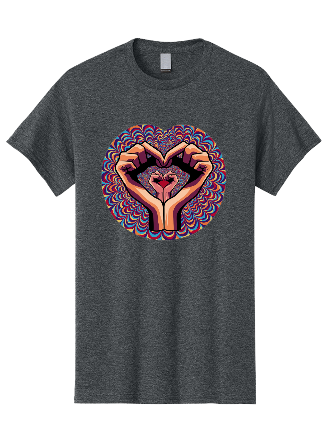 Hands-Forming-Heart-5 Men'S Graphic Tee, 100% Cotton, Comfortable Casual Summer Wear, Machine Washable, Hands Forming A Heart Shape, Psychedelic Art, Rainbow Colors, Vibrant Patterns, Love Symbol, Hand Gesture, Artistic Expression, Bac026