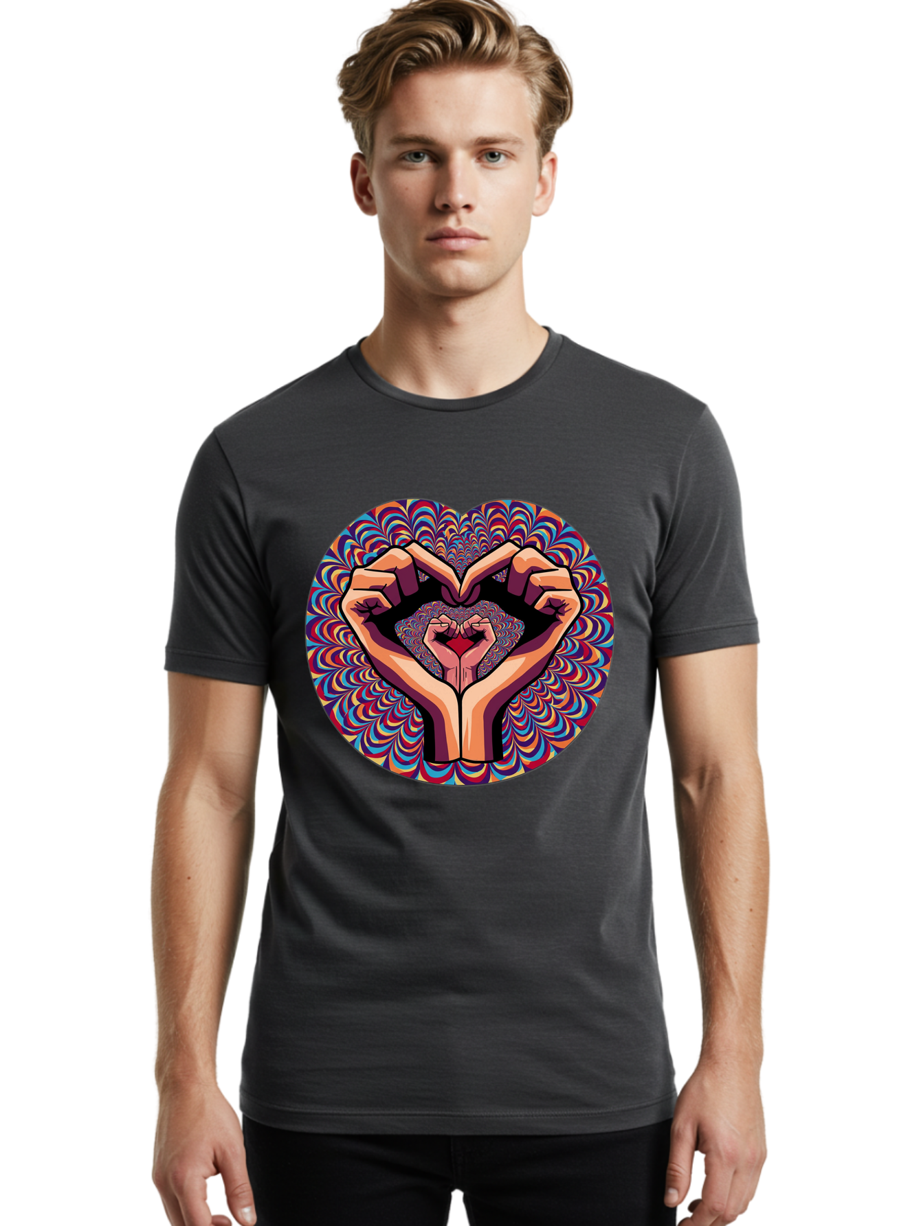 Hands-Forming-Heart-5 Men'S Graphic Tee, 100% Cotton, Comfortable Casual Summer Wear, Machine Washable, Hands Forming A Heart Shape, Psychedelic Art, Rainbow Colors, Vibrant Patterns, Love Symbol, Hand Gesture, Artistic Expression, Bac026
