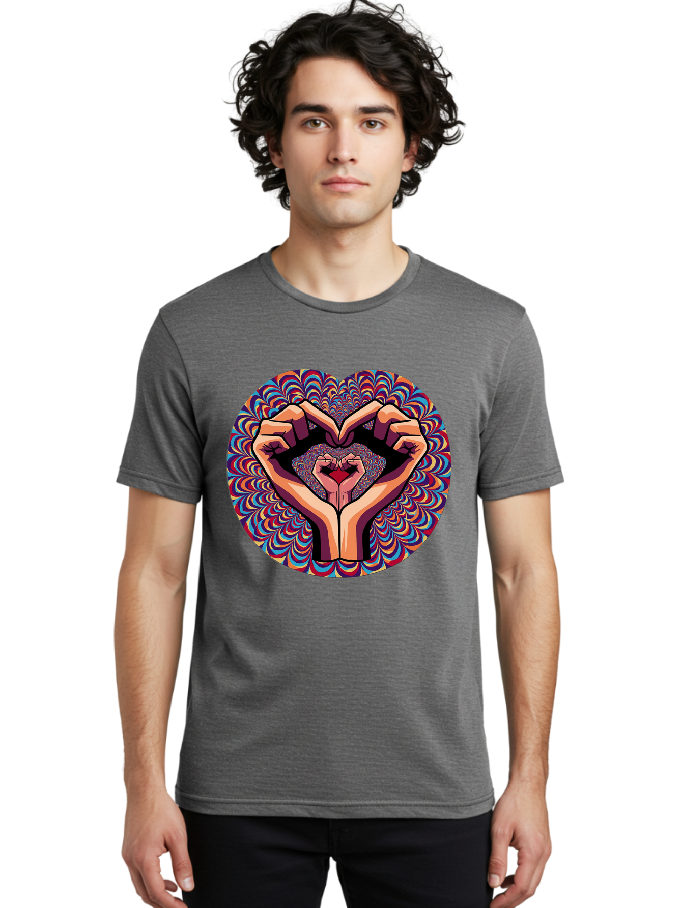 Hands-Forming-Heart-5 Men'S Graphic Tee, 100% Cotton, Comfortable Casual Summer Wear, Machine Washable, Hands Forming A Heart Shape, Psychedelic Art, Rainbow Colors, Vibrant Patterns, Love Symbol, Hand Gesture, Artistic Expression, Bac026