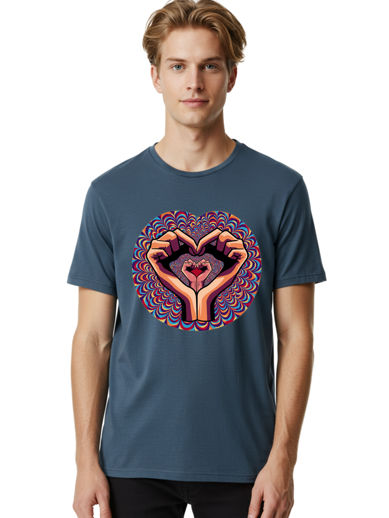 Hands-Forming-Heart-5 Men'S Graphic Tee, 100% Cotton, Comfortable Casual Summer Wear, Machine Washable, Hands Forming A Heart Shape, Psychedelic Art, Rainbow Colors, Vibrant Patterns, Love Symbol, Hand Gesture, Artistic Expression, Bac026