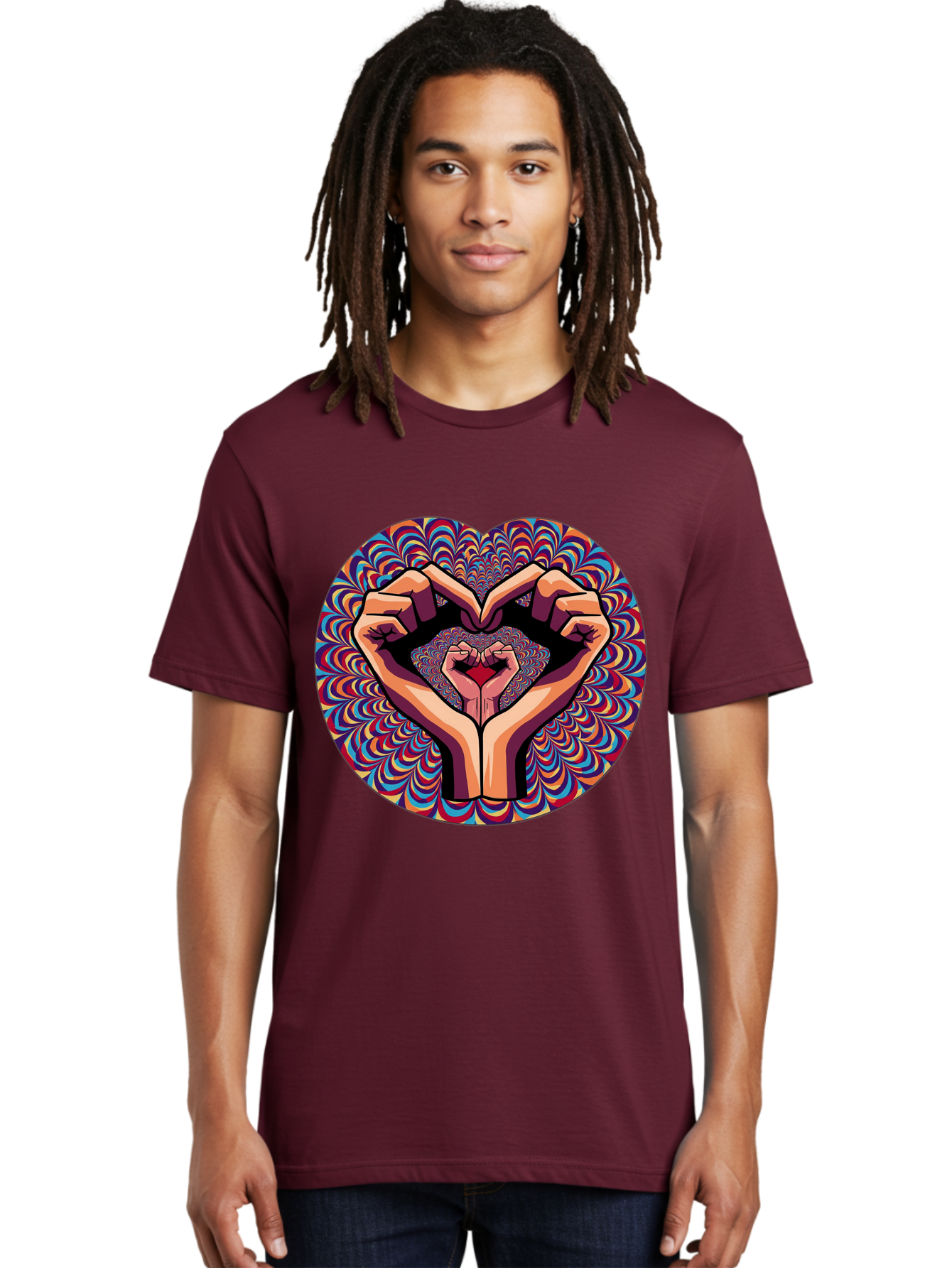 Hands-Forming-Heart-5 Men'S Graphic Tee, 100% Cotton, Comfortable Casual Summer Wear, Machine Washable, Hands Forming A Heart Shape, Psychedelic Art, Rainbow Colors, Vibrant Patterns, Love Symbol, Hand Gesture, Artistic Expression, Bac026